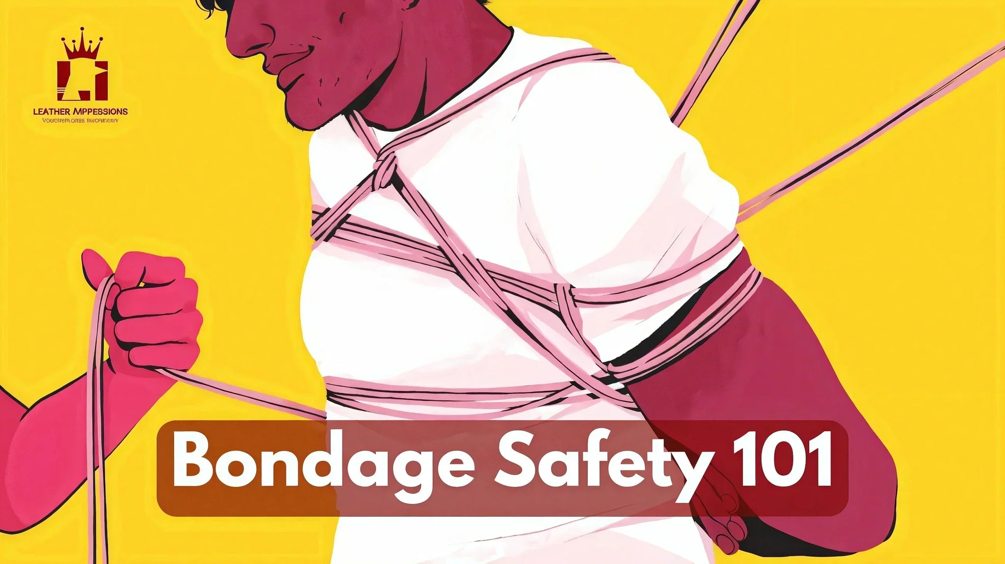 An illustration vector of a men in bondage rope with text of bondage safety 101