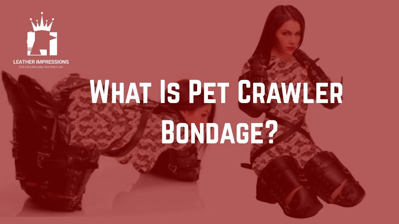 What is pet crawler bondage text on red fade with two females wearing leather pet crawler gear