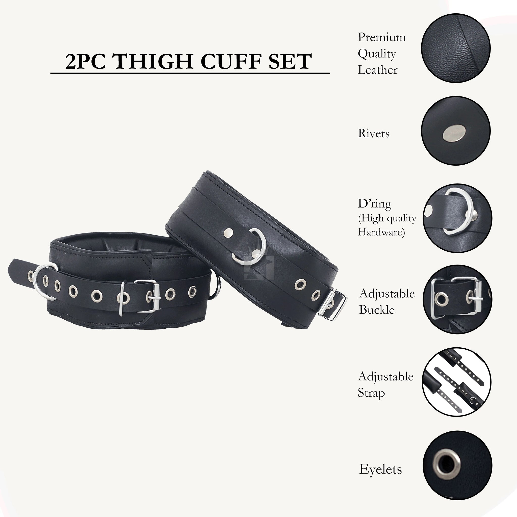 A set of black leather bondage handcuffs with metal buckles and eyelets, arranged on a white surface.