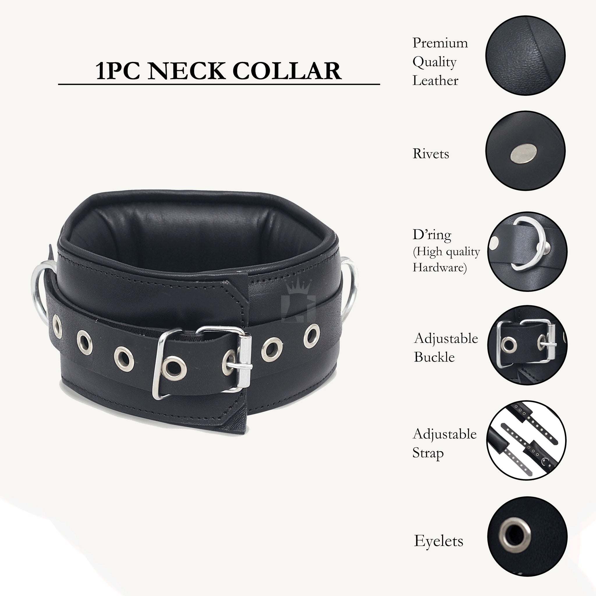 A set of black leather bondage handcuffs with metal buckles and eyelets, arranged on a white surface.