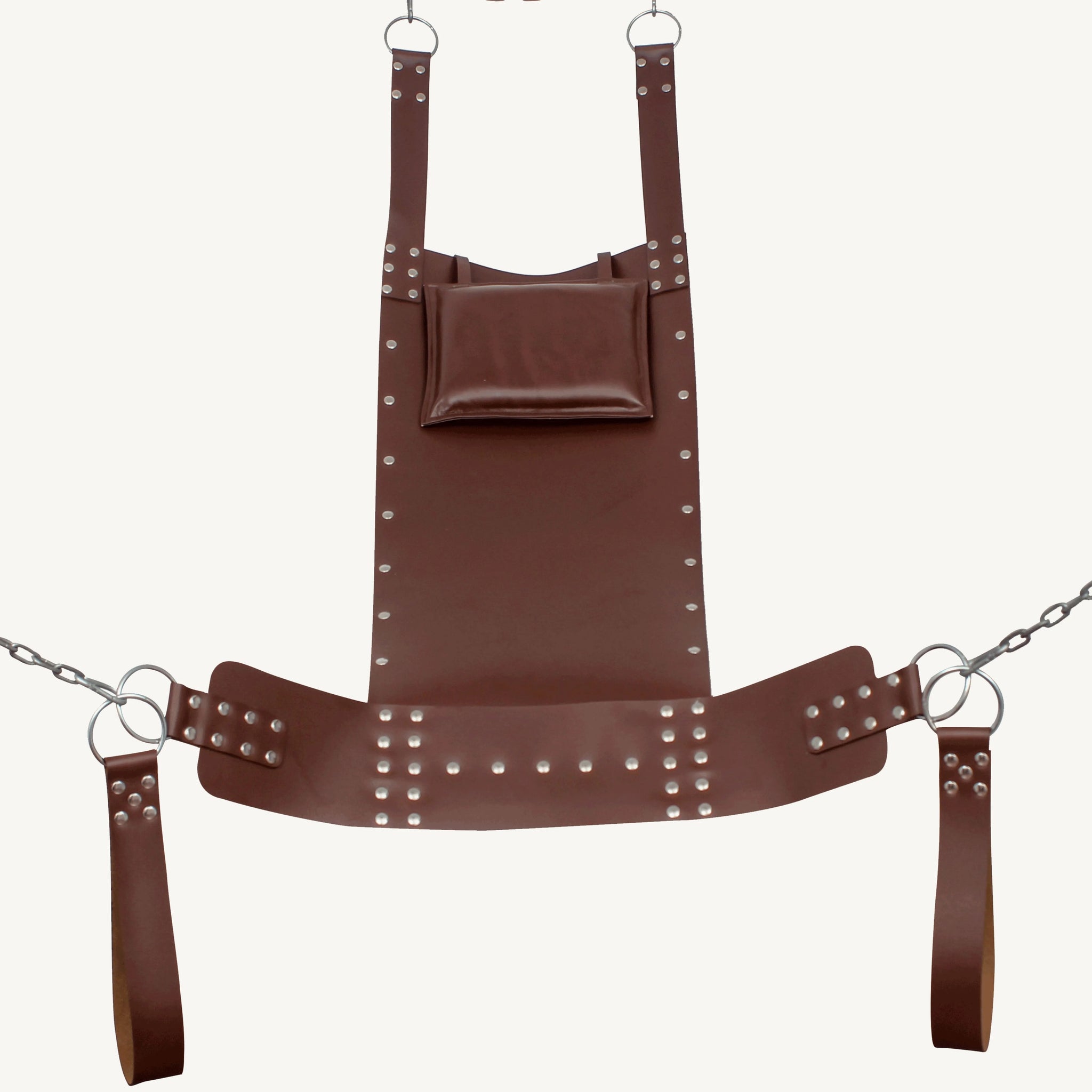 front angle view of black leather sex swing with pillow, leg loops and d'rings, nickel-plated reverts