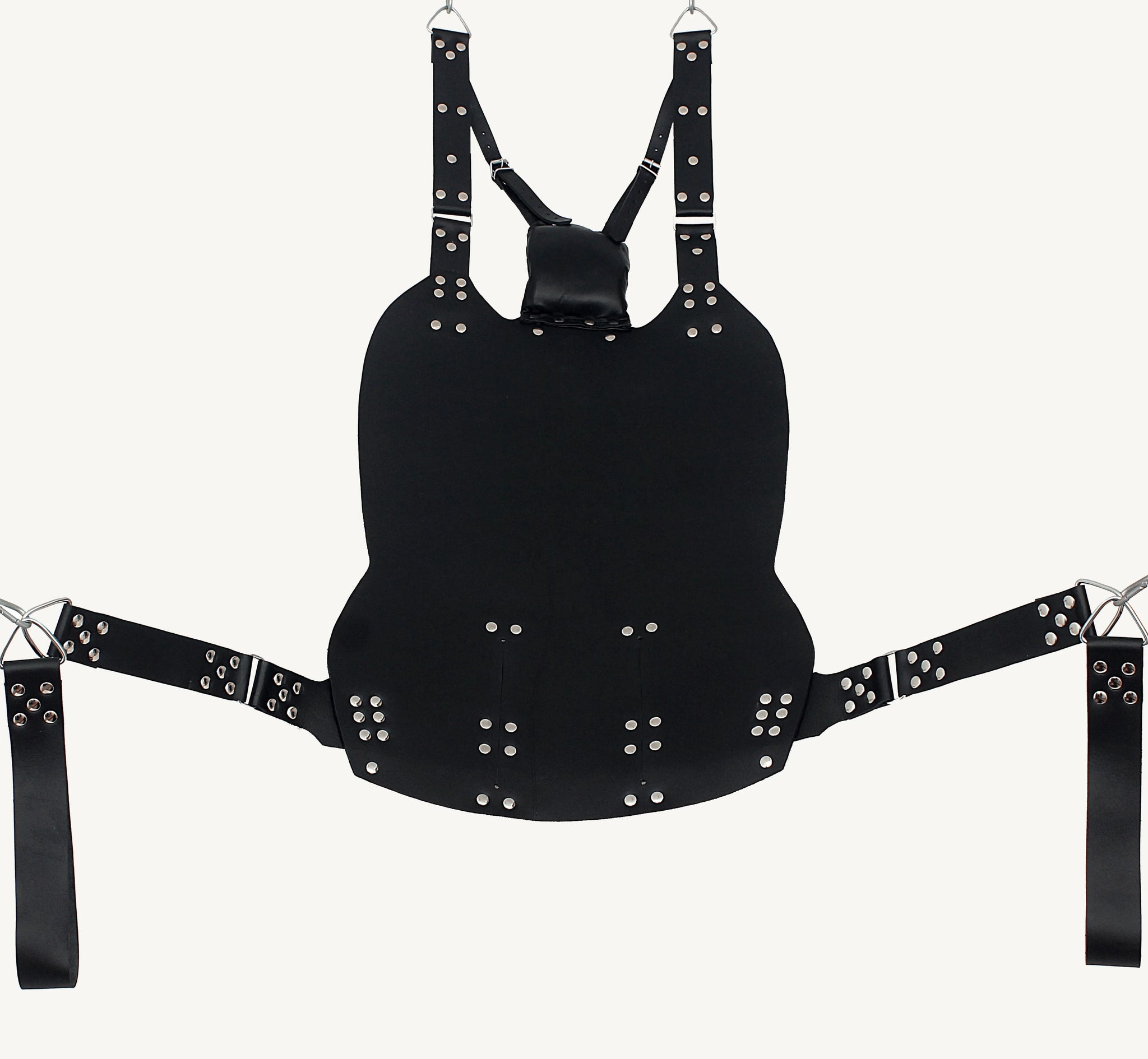 front angle view of the backside of the black bondage sex swing with nickel-plated reverts in a white background 