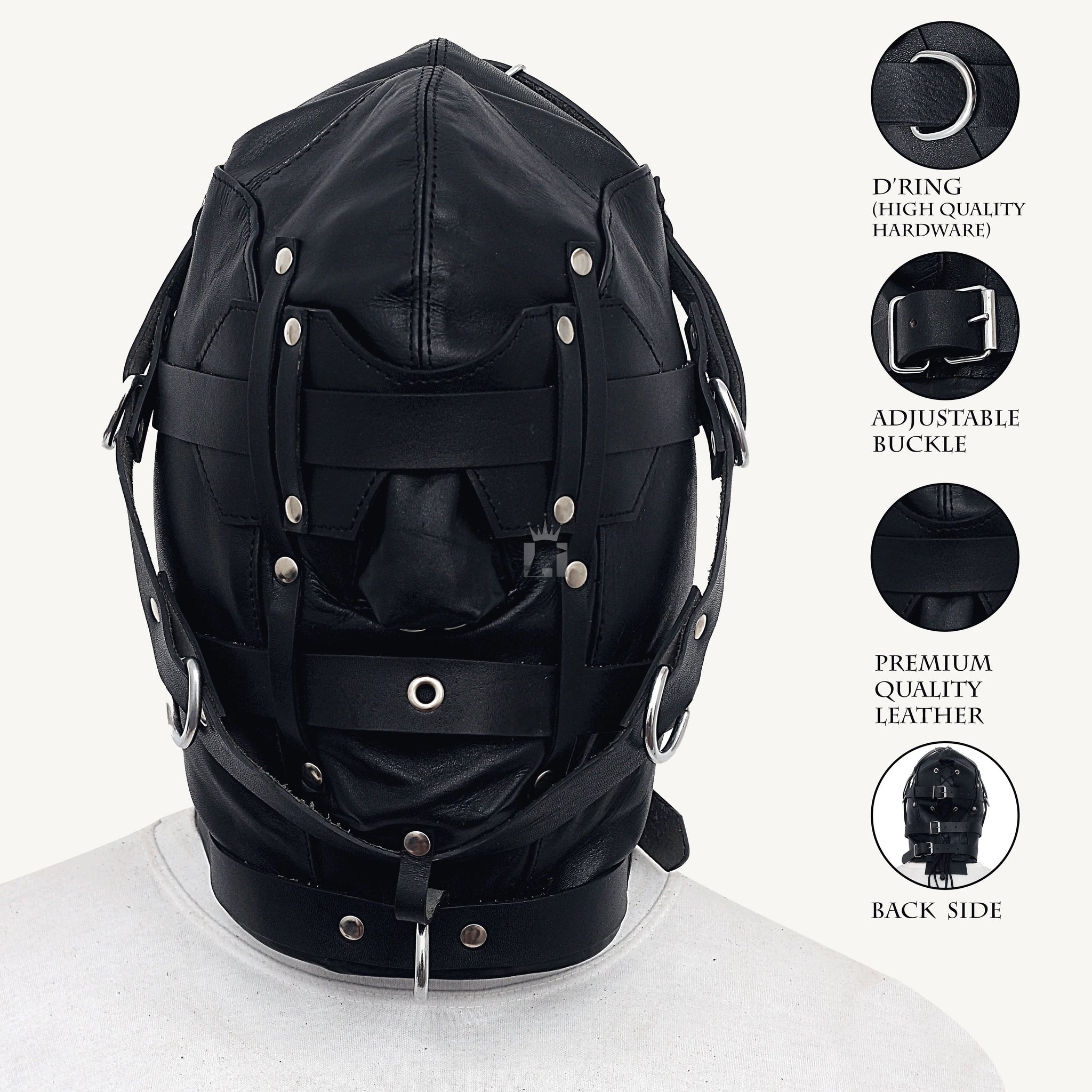 Front angle view of a infographic style image of a dummy wearing a black Triple Straps Leather Bondage Hood on a white background.