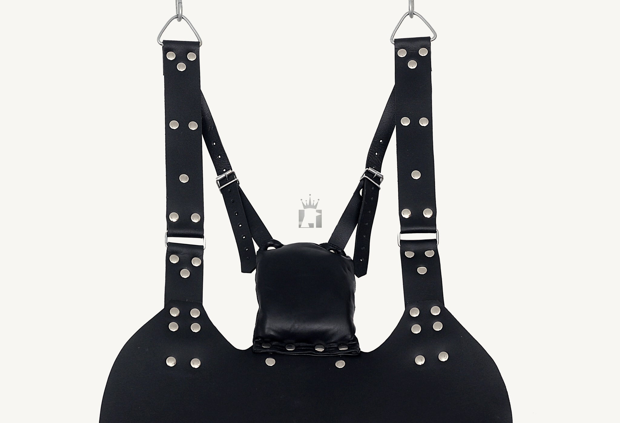 front angle view of the backside of the black bondage sex swing with nickel-plated reverts in a white background 