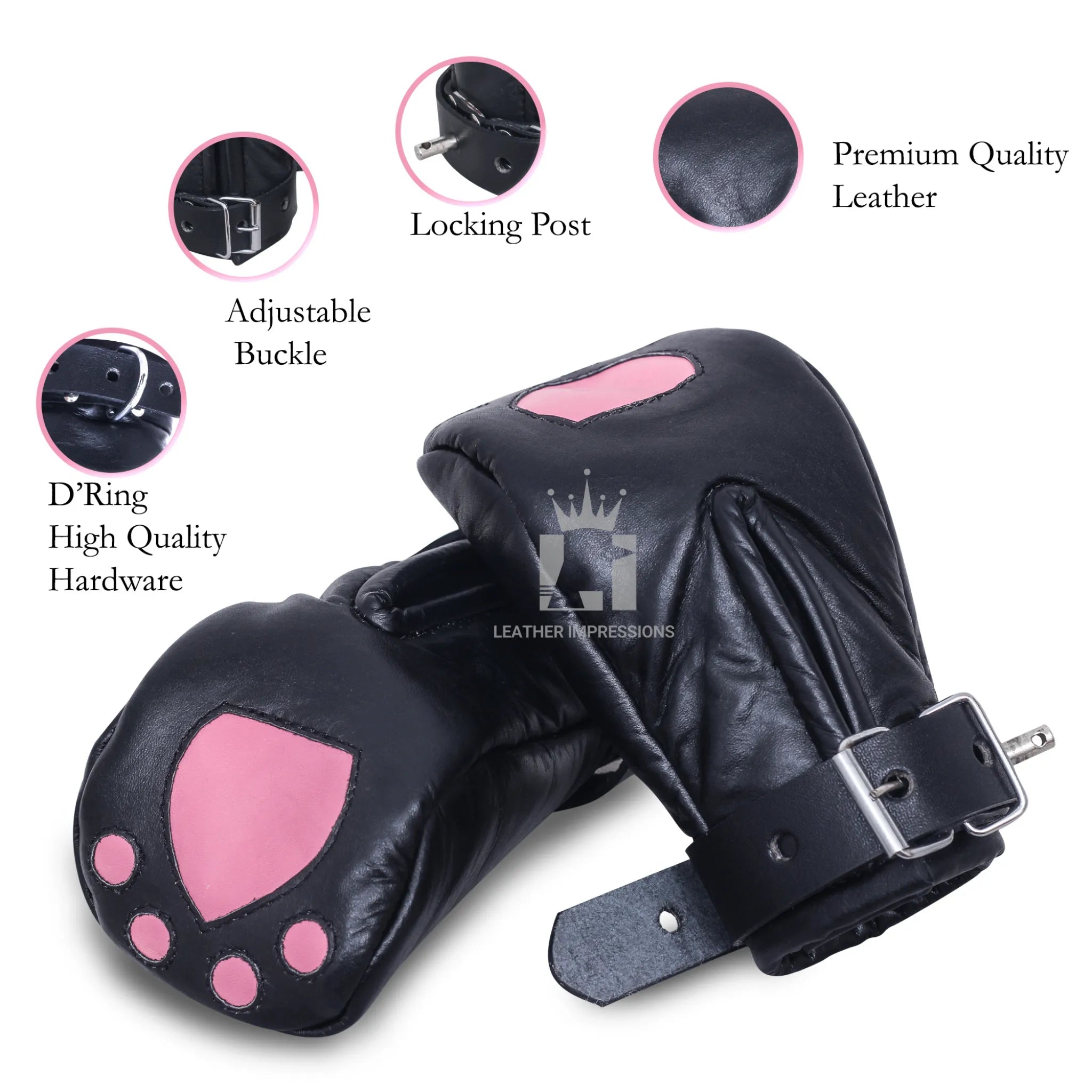 locking leather bondage mitts, BDSM pup play gloves, padded leather restraint mittens, full hand bondage mitts, leather BDSM mittens for submissives, pup training hand restraints, bondage gloves with buckle straps, heavy-duty leather kink mitts