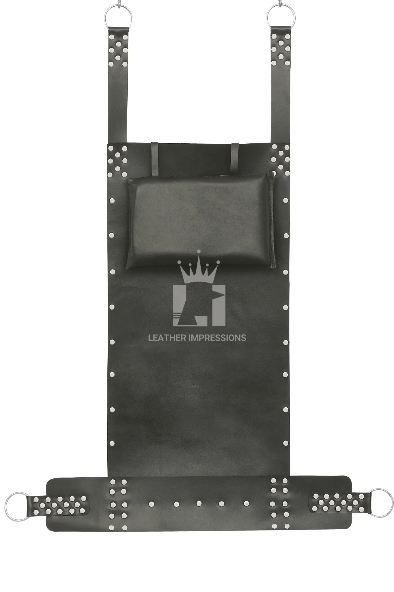 Full leather sex swing showing padded support and stitching details