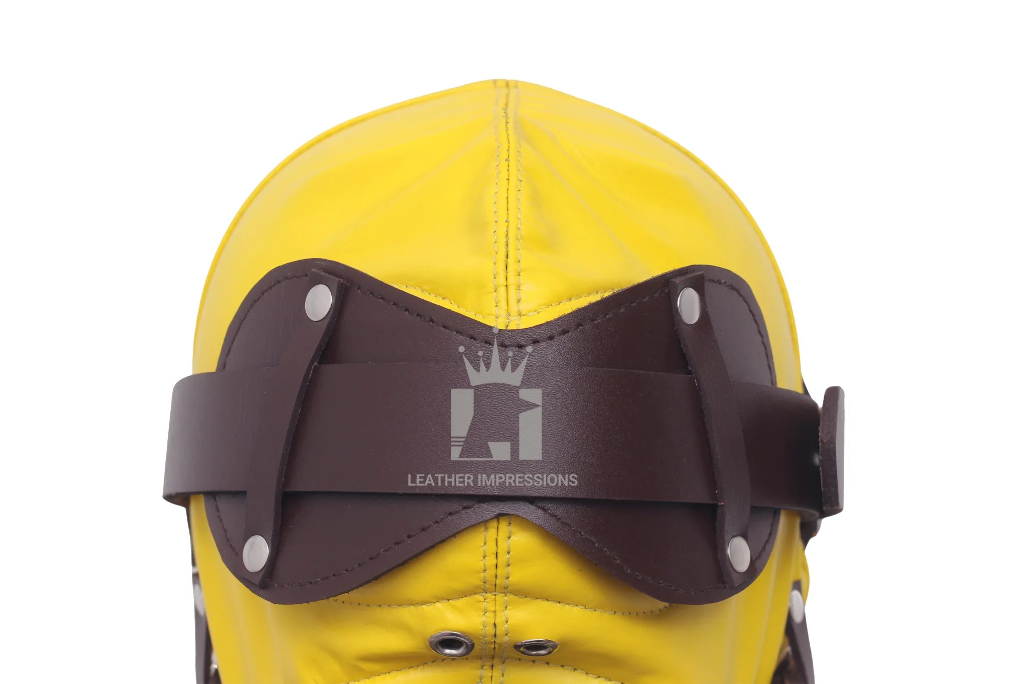 
leather bondage hood with gag,full face BDSM mask with mouth plug,adjustable leather head harness,cowhide leather BDSM hood,bondage mask with padded interior,removable mouth gag hood,top grain leather BDSM gear,sensory deprivation mask for kink play
