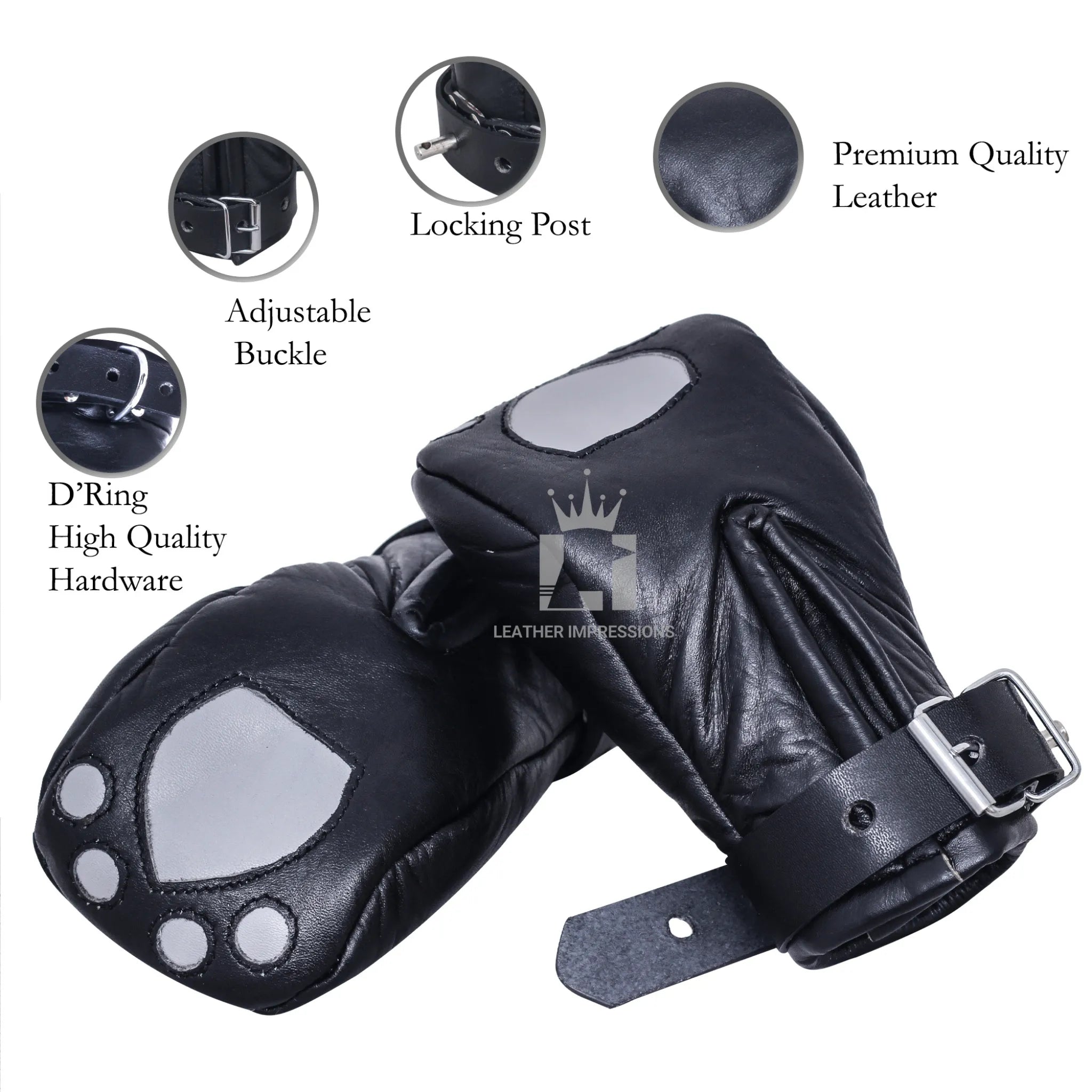locking leather bondage mittens, padded restraint gloves for submissive, BDSM pup play gear, full hand restraint leather mitts, bondage gloves for pet training, submissive hand mittens BDSM, no-finger movement bondage gear, leather pup play accessories