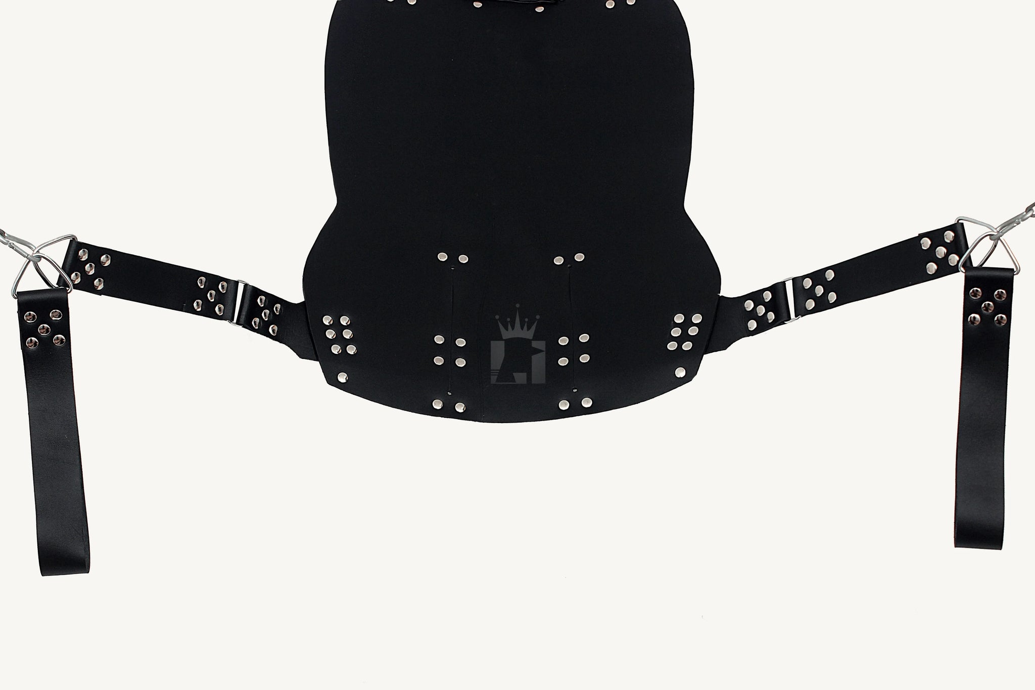 front angle view of the backside of the black bondage sex swing with nickel-plated reverts in a white background 