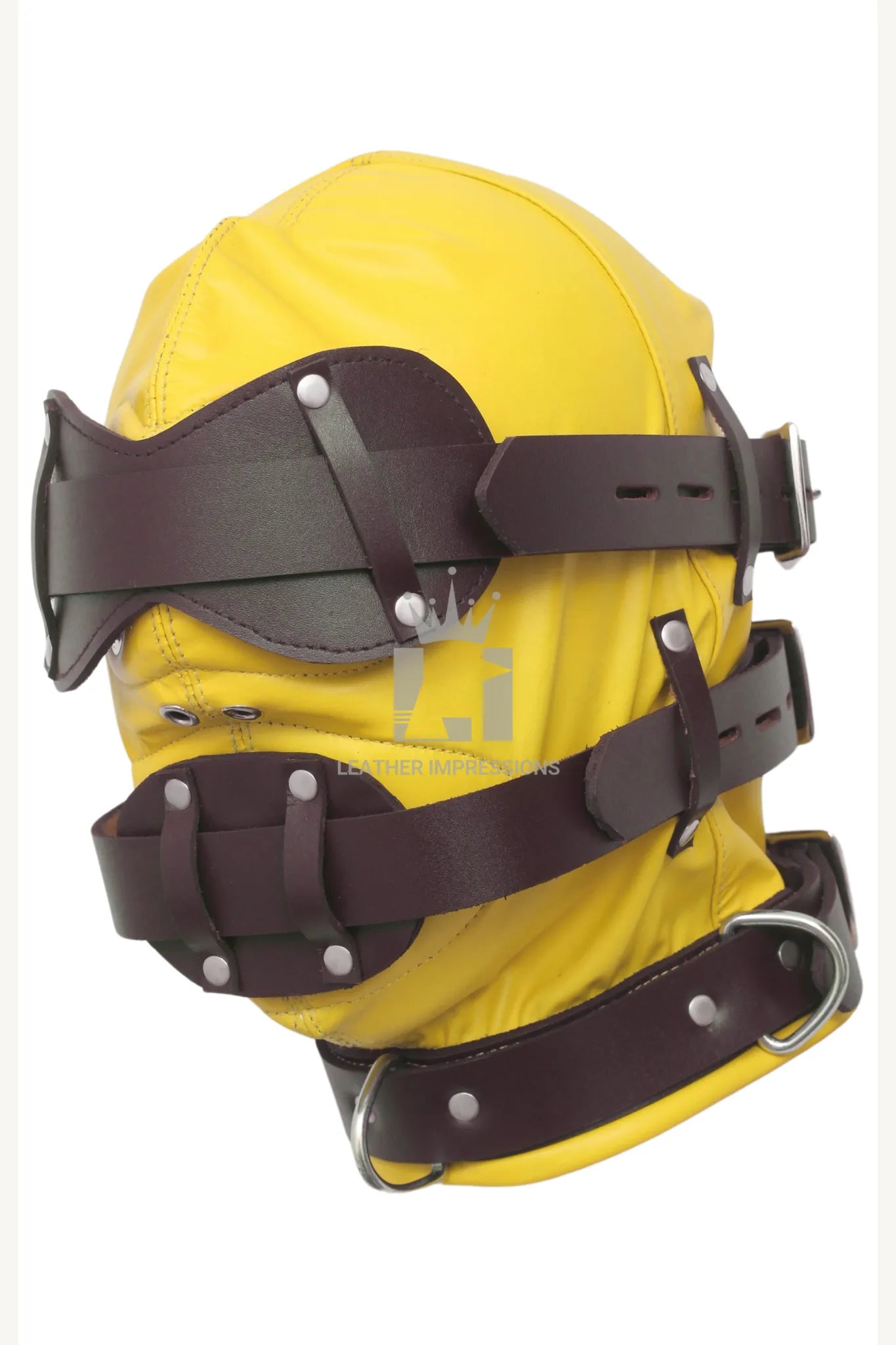 
leather bondage hood with gag,full face BDSM mask with mouth plug,adjustable leather head harness,cowhide leather BDSM hood,bondage mask with padded interior,removable mouth gag hood,top grain leather BDSM gear,sensory deprivation mask for kink play