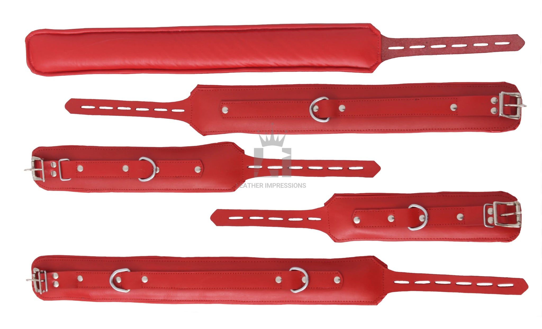 
dominion leather bondage cuffs,red padded BDSM restraints,genuine cowhide leather cuffs,premium bondage cuffs for wrists and thighs,lockable leather BDSM handcuffs,advanced padded restraint gear,full-grain leather D-ring cuffs