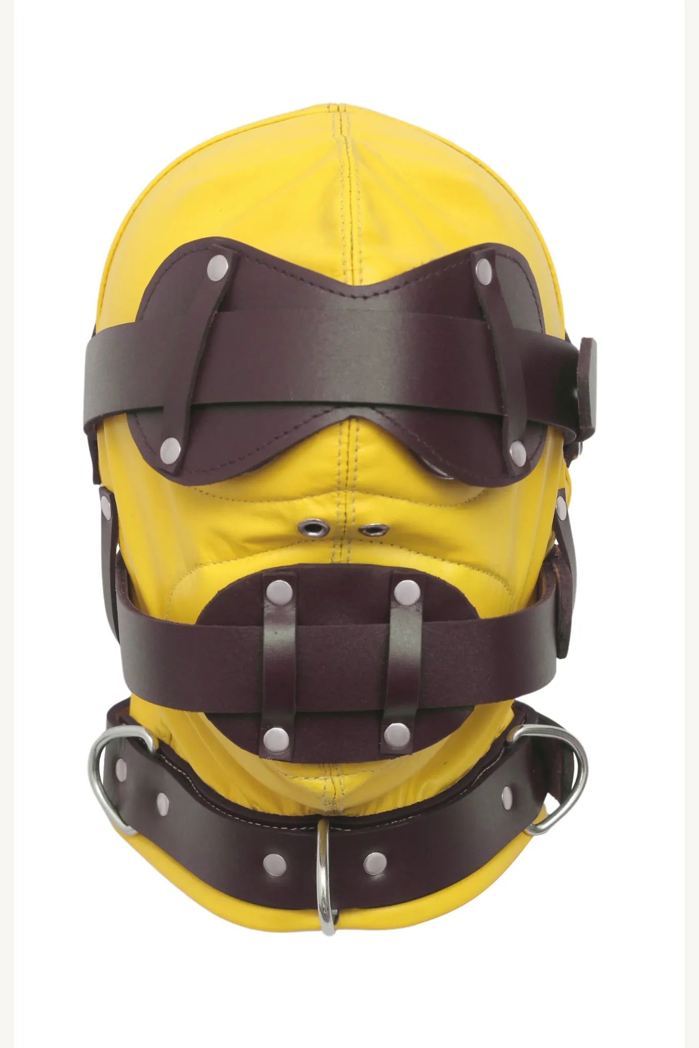 
leather bondage hood with gag,full face BDSM mask with mouth plug,adjustable leather head harness,cowhide leather BDSM hood,bondage mask with padded interior,removable mouth gag hood,top grain leather BDSM gear,sensory deprivation mask for kink play