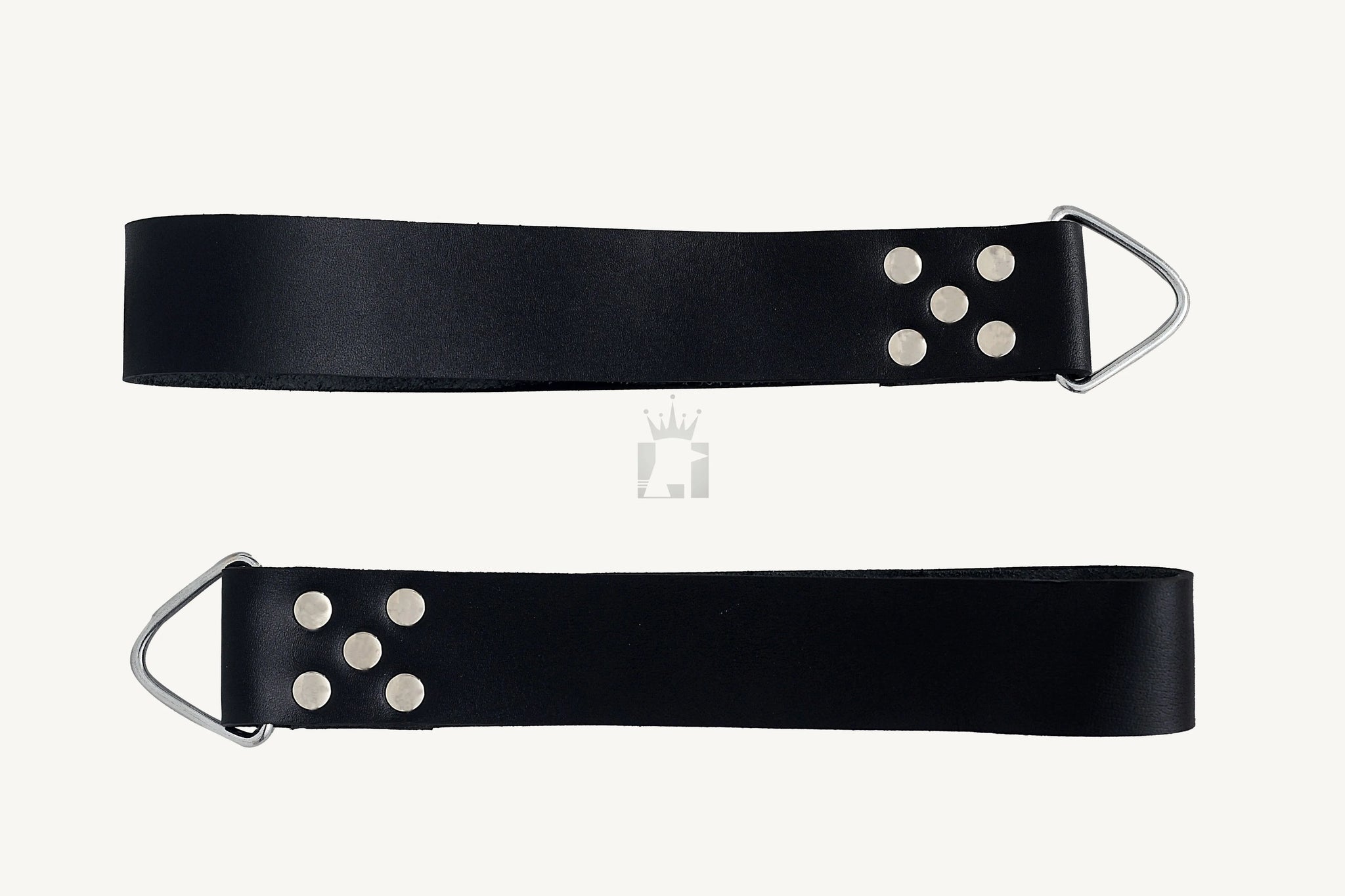 front angle view of the backside of the black bondage sex swing with nickel-plated reverts in a white background 