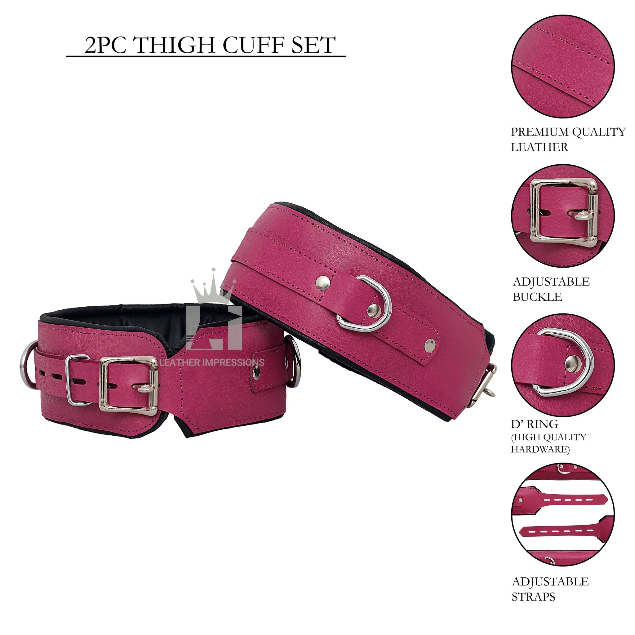 purple leather bondage set, full body leather restraints, wrist ankle thigh neck bondage gear, cowhide BDSM restraints, padded leather cuffs with D-rings, adjustable bondage cuff set, purple BDSM accessories, luxury leather bondage kit