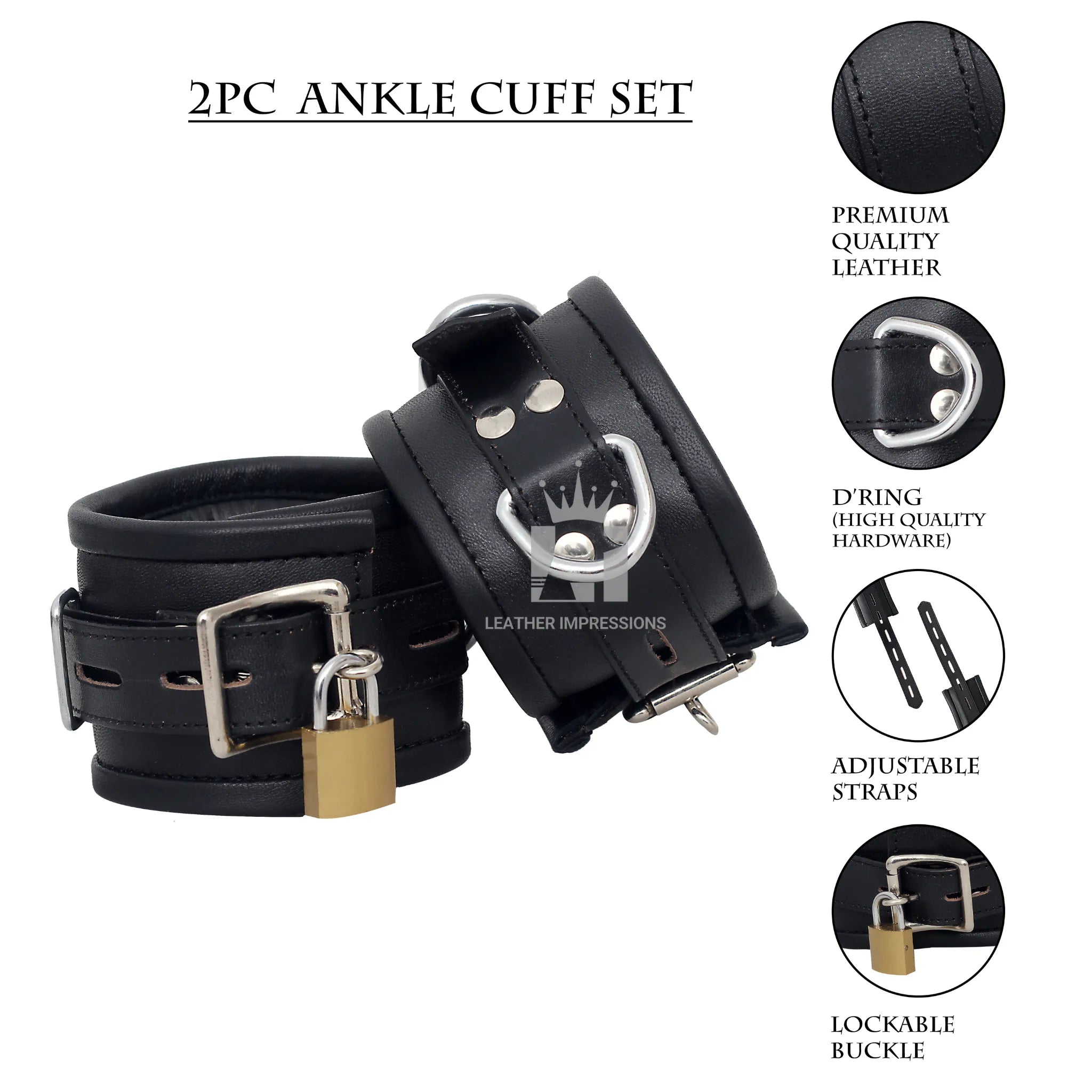 5 Pcs Genuine Leather Handcuffs Set – Adjustable Bondage Restraints for BDSM Play