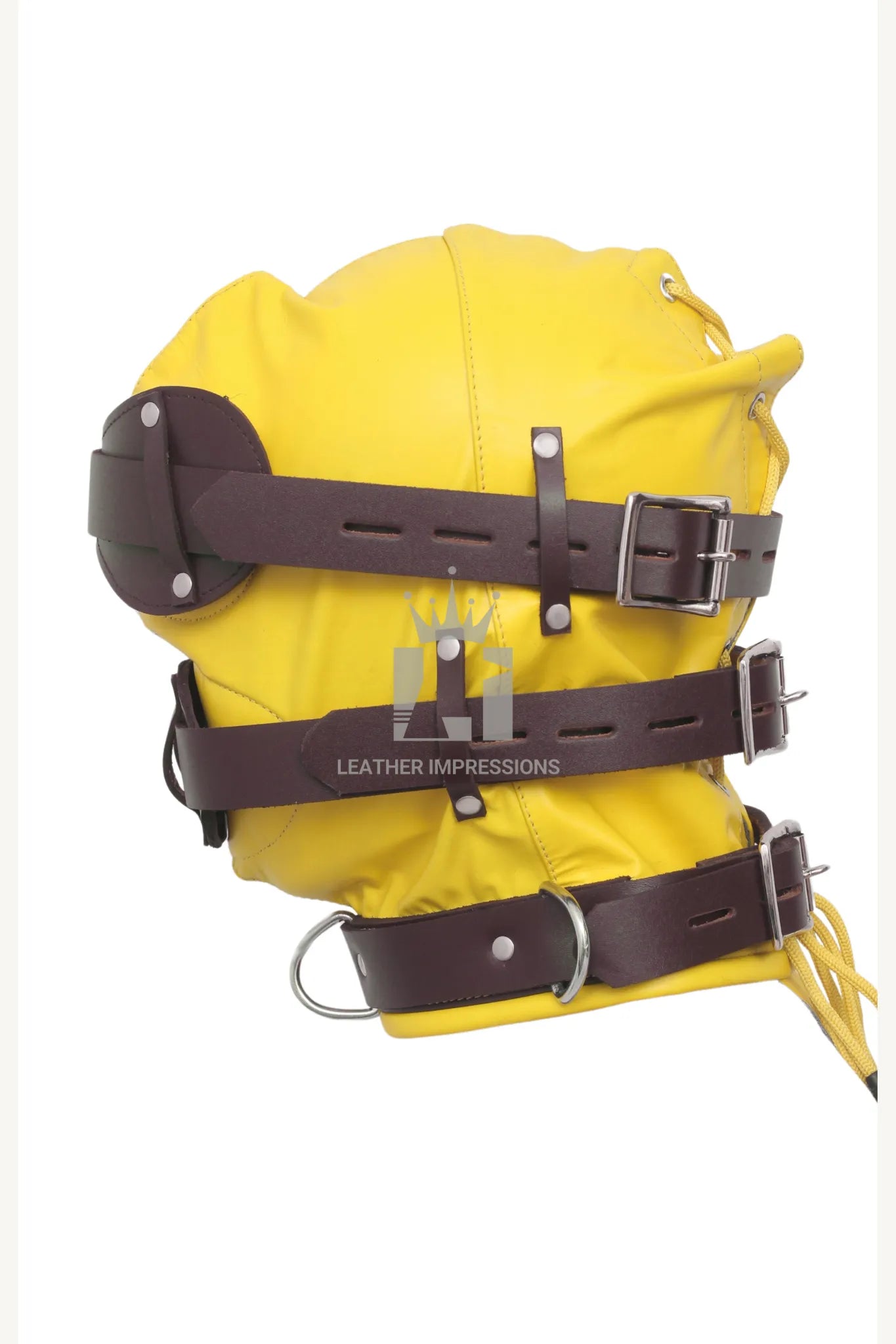 
leather bondage hood with gag,full face BDSM mask with mouth plug,adjustable leather head harness,cowhide leather BDSM hood,bondage mask with padded interior,removable mouth gag hood,top grain leather BDSM gear,sensory deprivation mask for kink play