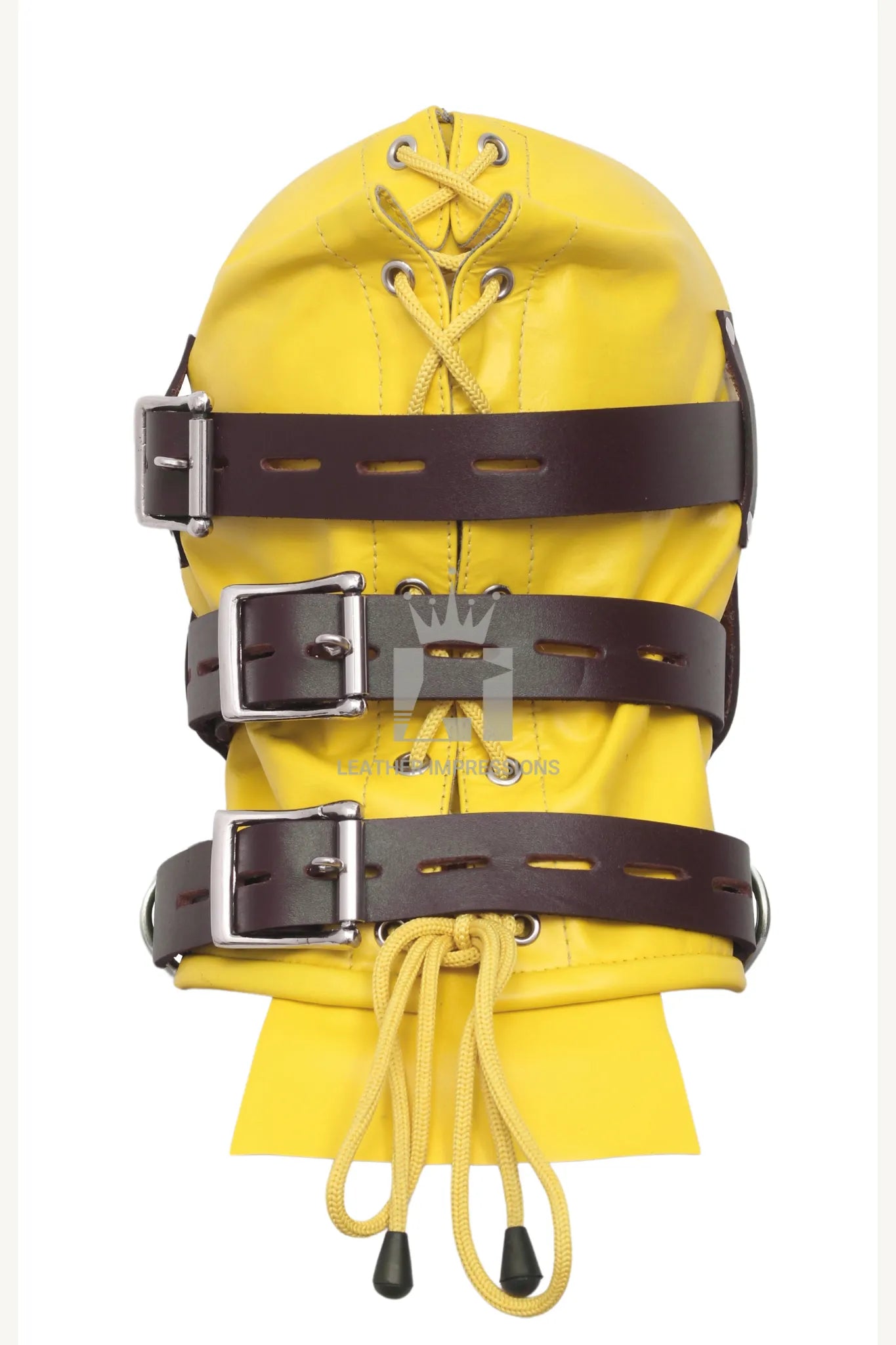 
leather bondage hood with gag,full face BDSM mask with mouth plug,adjustable leather head harness,cowhide leather BDSM hood,bondage mask with padded interior,removable mouth gag hood,top grain leather BDSM gear,sensory deprivation mask for kink play