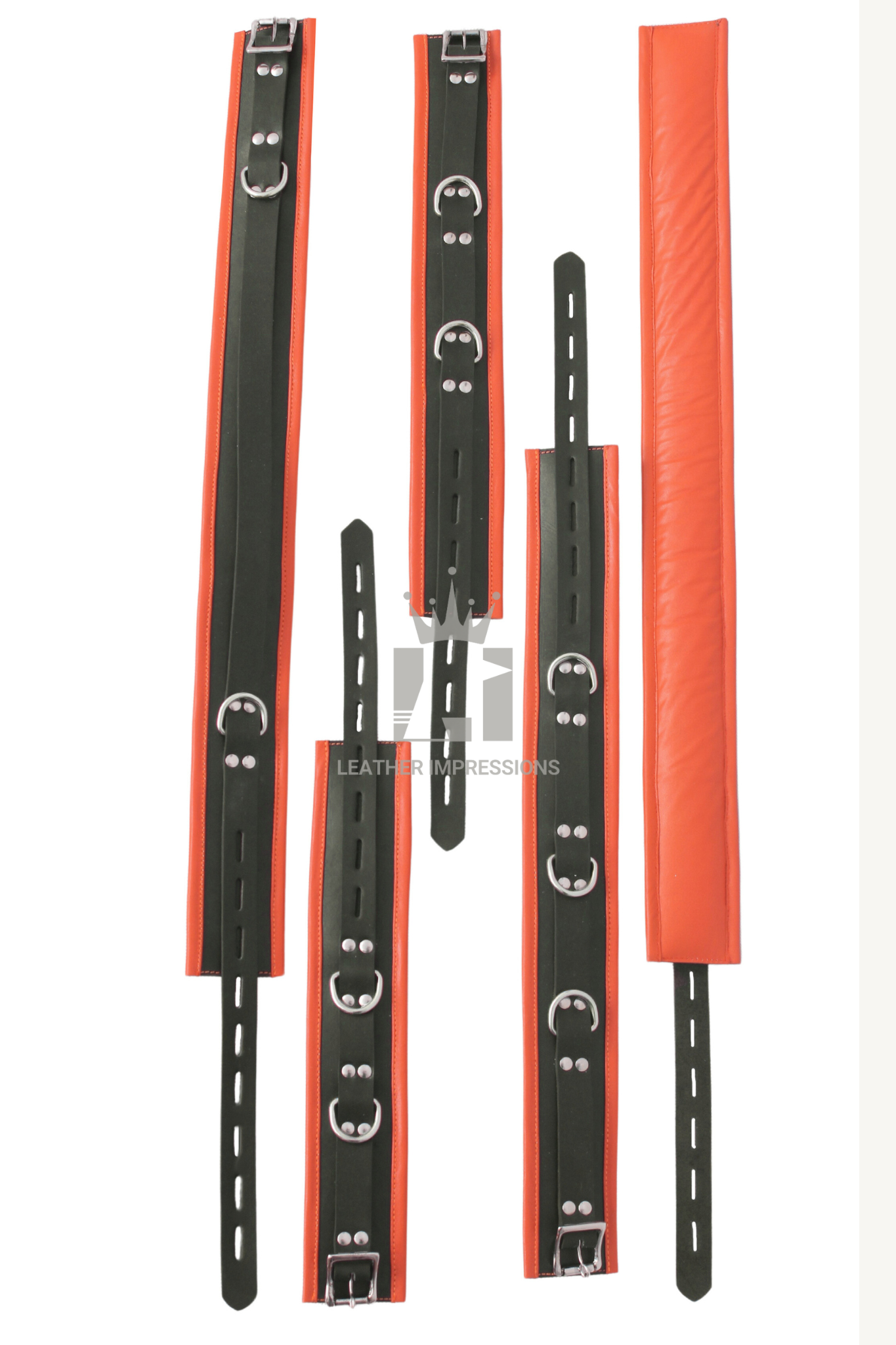 7 piece leather bondage set, full body leather restraints, genuine leather BDSM cuffs, leather bondage handcuffs and collar set, premium BDSM restraint gear, padded leather bondage restraints
