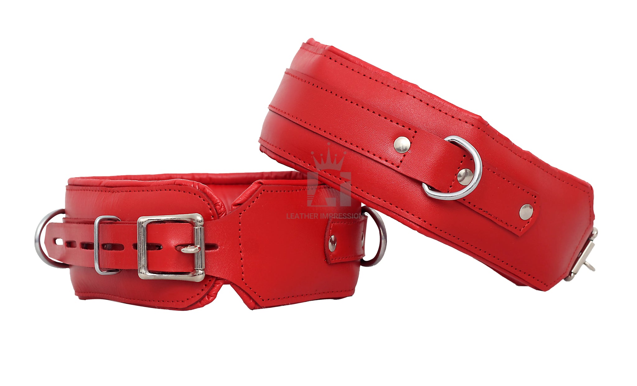 
dominion leather bondage cuffs,red padded BDSM restraints,genuine cowhide leather cuffs,premium bondage cuffs for wrists and thighs,lockable leather BDSM handcuffs,advanced padded restraint gear,full-grain leather D-ring cuffs