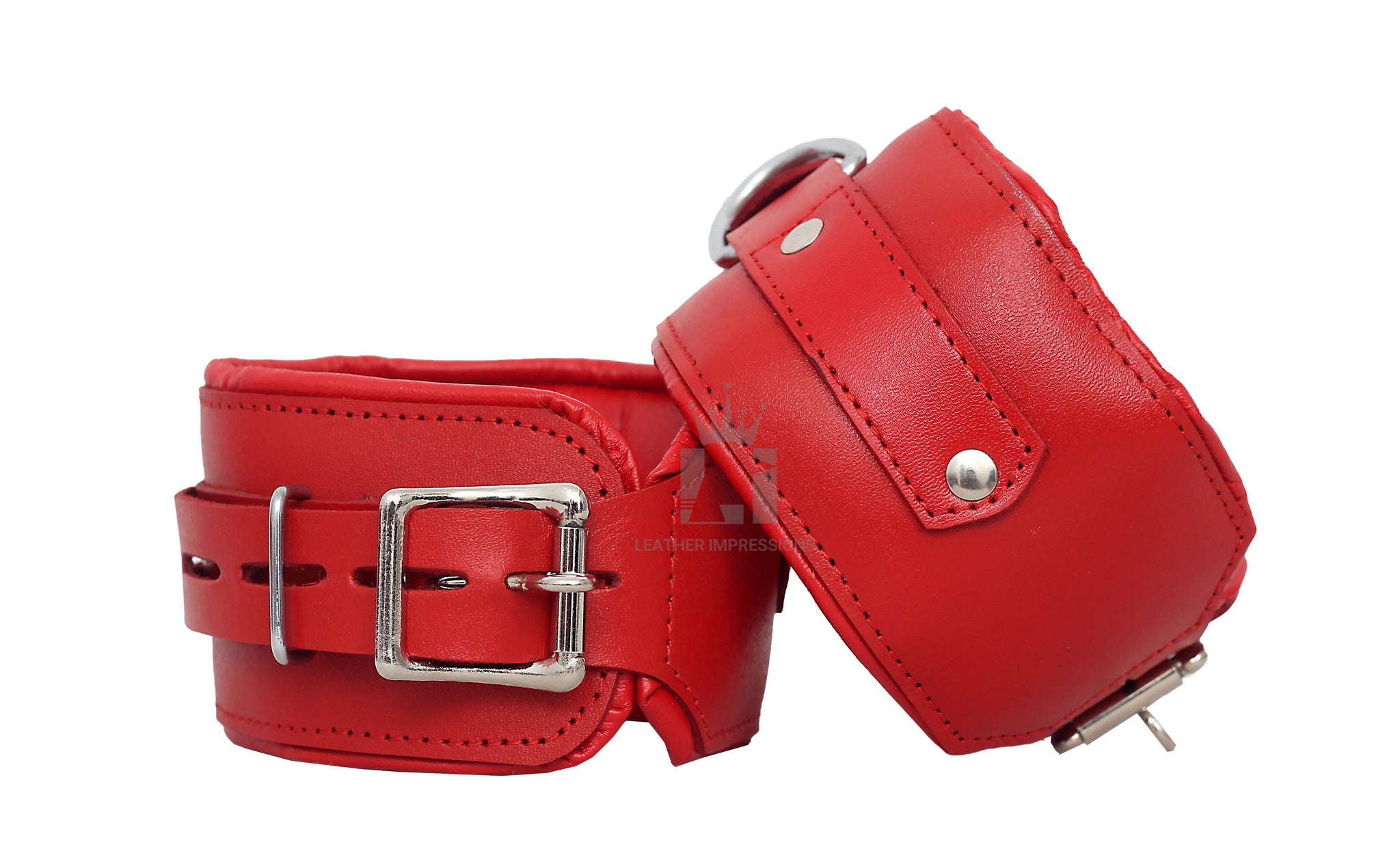 
dominion leather bondage cuffs,red padded BDSM restraints,genuine cowhide leather cuffs,premium bondage cuffs for wrists and thighs,lockable leather BDSM handcuffs,advanced padded restraint gear,full-grain leather D-ring cuffs