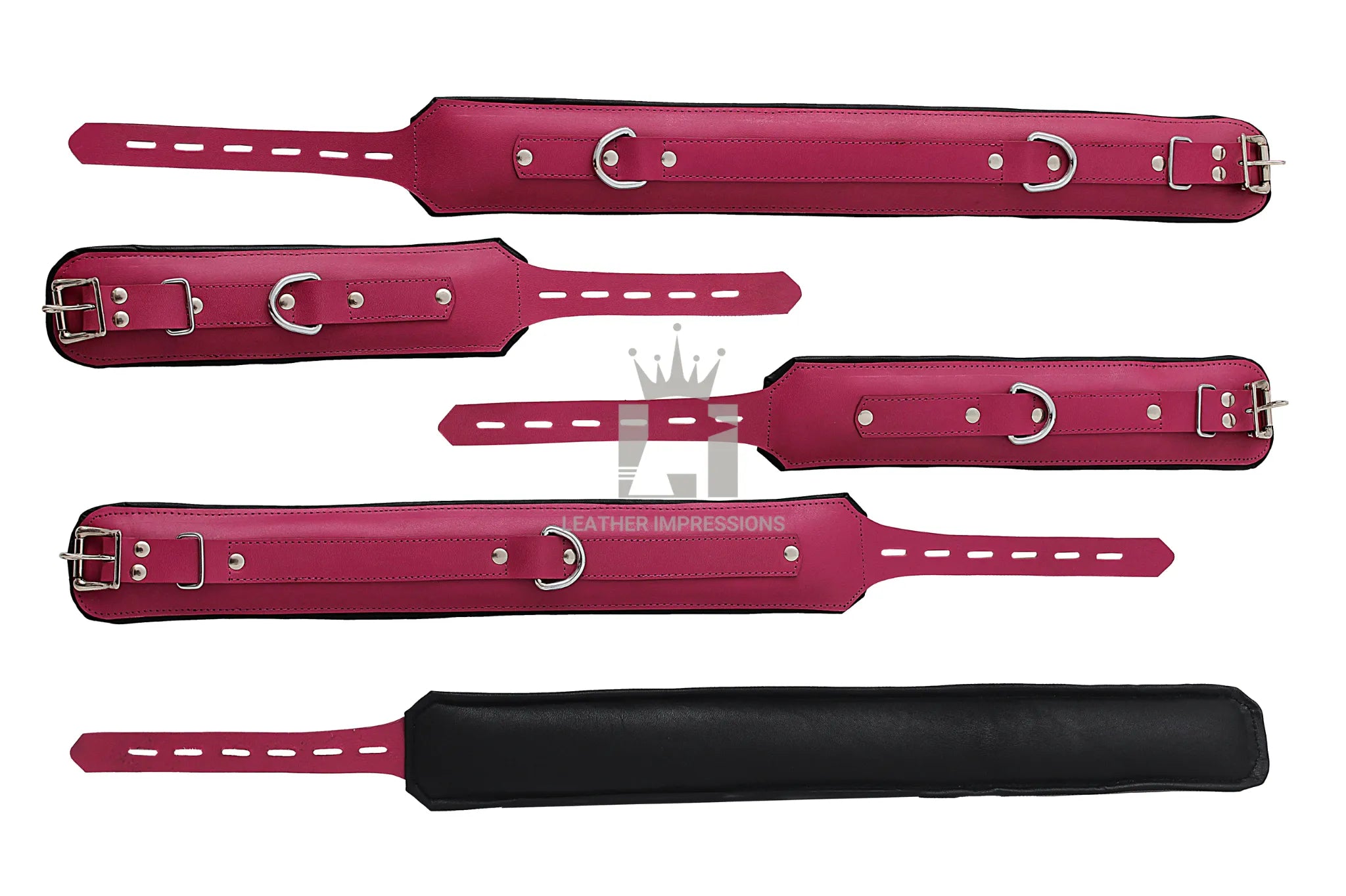 purple leather bondage set, full body leather restraints, wrist ankle thigh neck bondage gear, cowhide BDSM restraints, padded leather cuffs with D-rings, adjustable bondage cuff set, purple BDSM accessories, luxury leather bondage kit