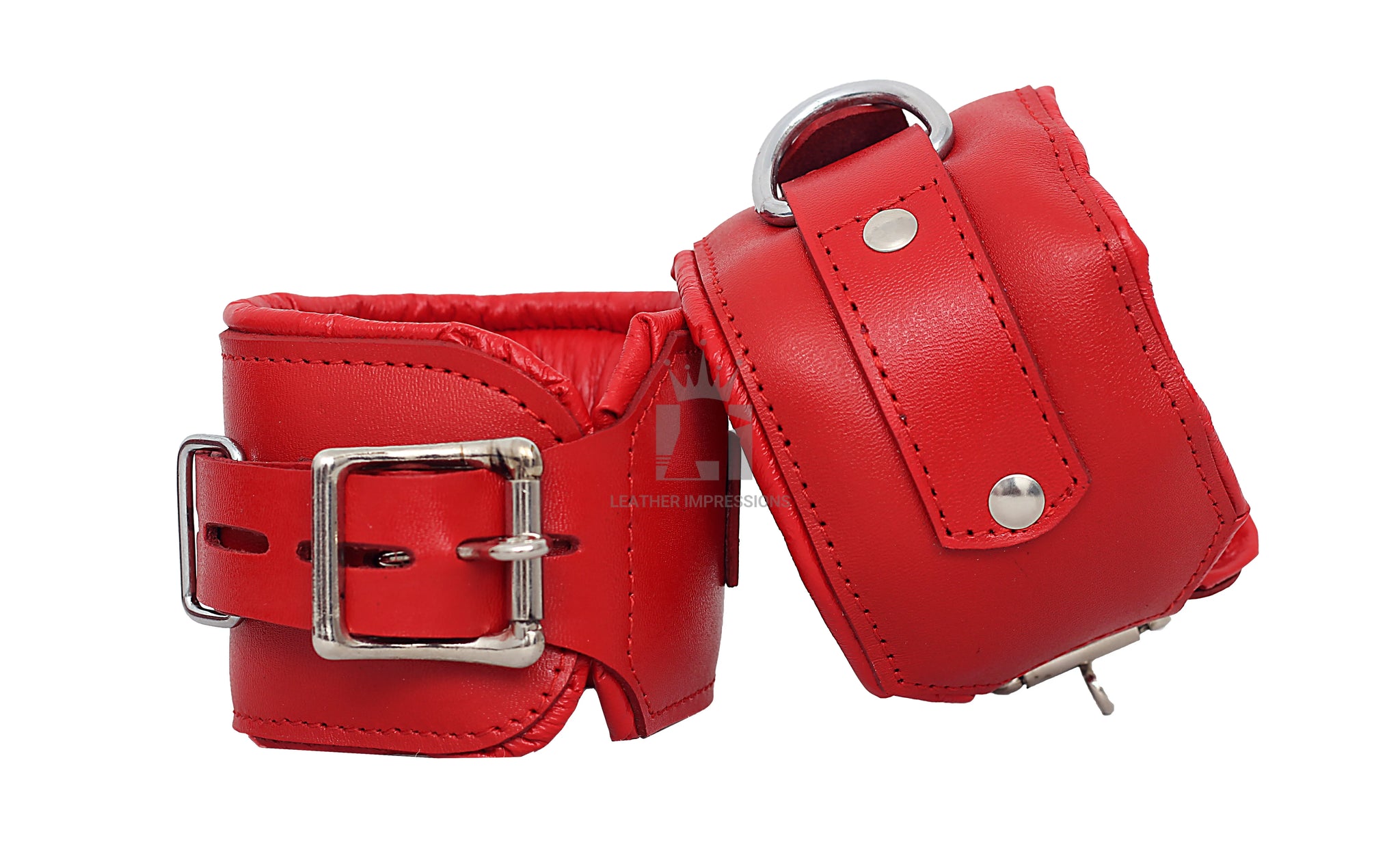 
dominion leather bondage cuffs,red padded BDSM restraints,genuine cowhide leather cuffs,premium bondage cuffs for wrists and thighs,lockable leather BDSM handcuffs,advanced padded restraint gear,full-grain leather D-ring cuffs