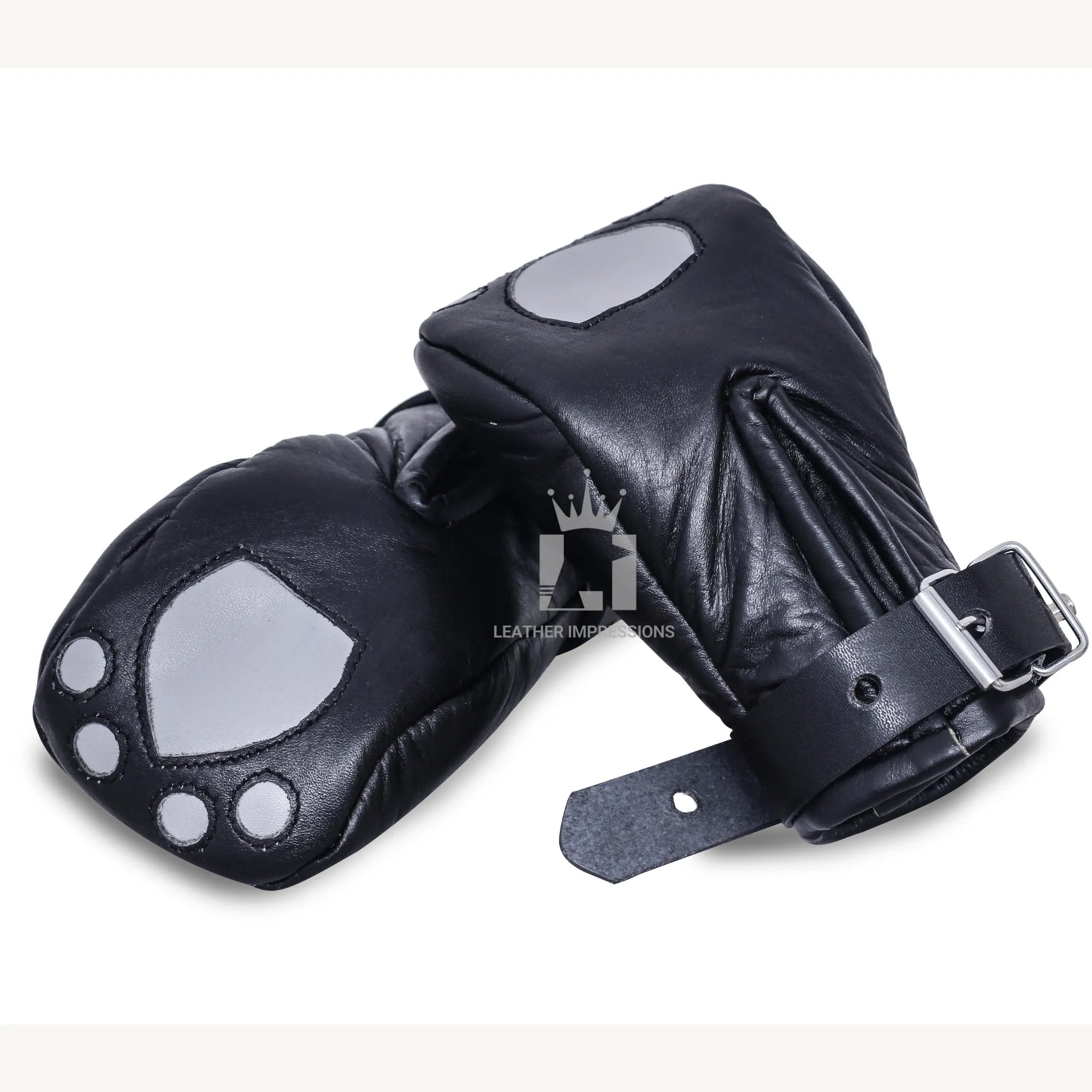 locking leather bondage mittens, padded restraint gloves for submissive, BDSM pup play gear, full hand restraint leather mitts, bondage gloves for pet training, submissive hand mittens BDSM, no-finger movement bondage gear, leather pup play accessories