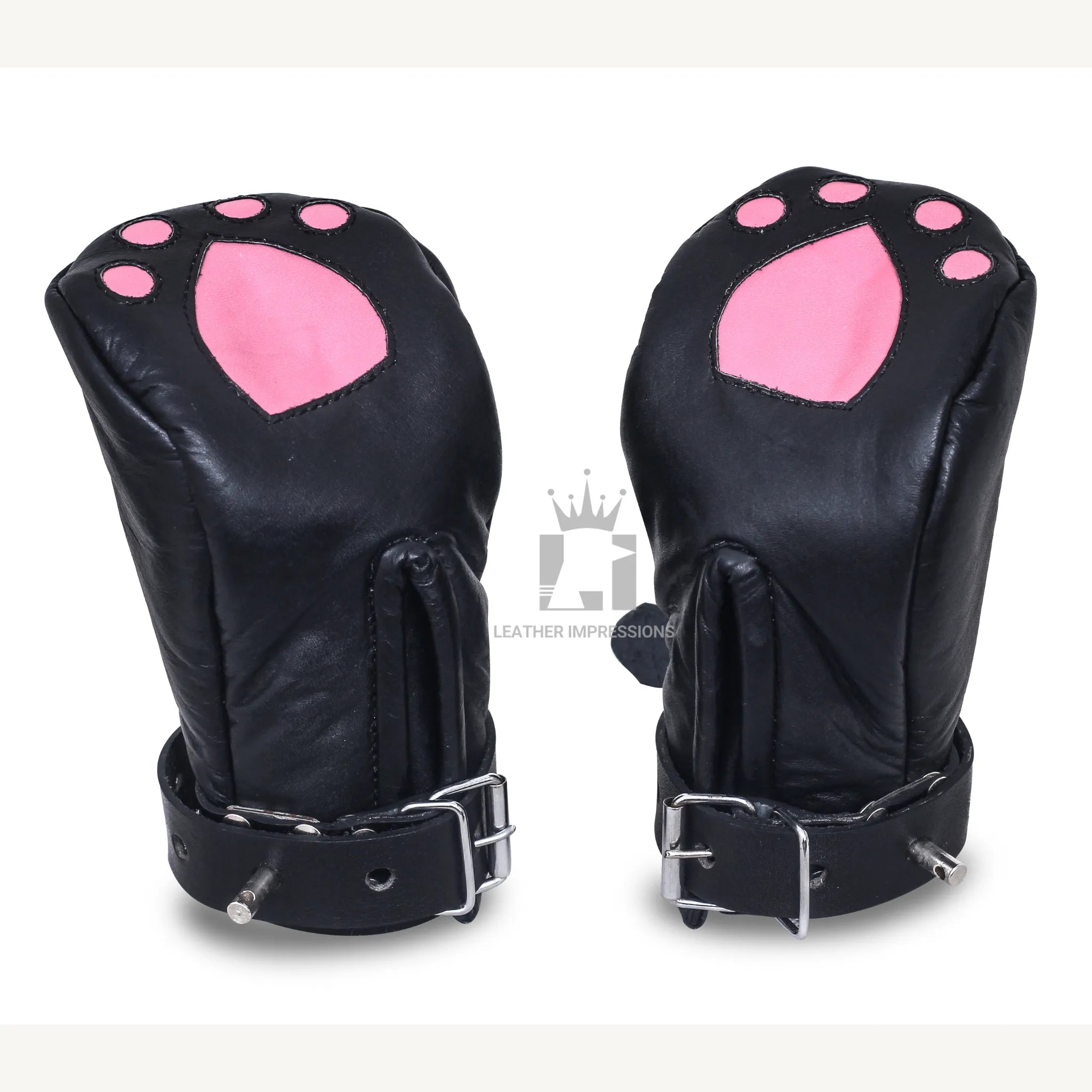 locking leather bondage mitts, BDSM pup play gloves, padded leather restraint mittens, full hand bondage mitts, leather BDSM mittens for submissives, pup training hand restraints, bondage gloves with buckle straps, heavy-duty leather kink mitts