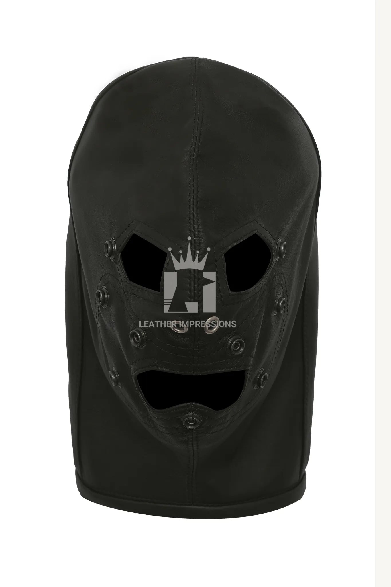 leather bondage hood with blindfold,BDSM head harness with gag and eye cover,genuine leather sensory deprivation hood,lace-up BDSM hood for restraint play