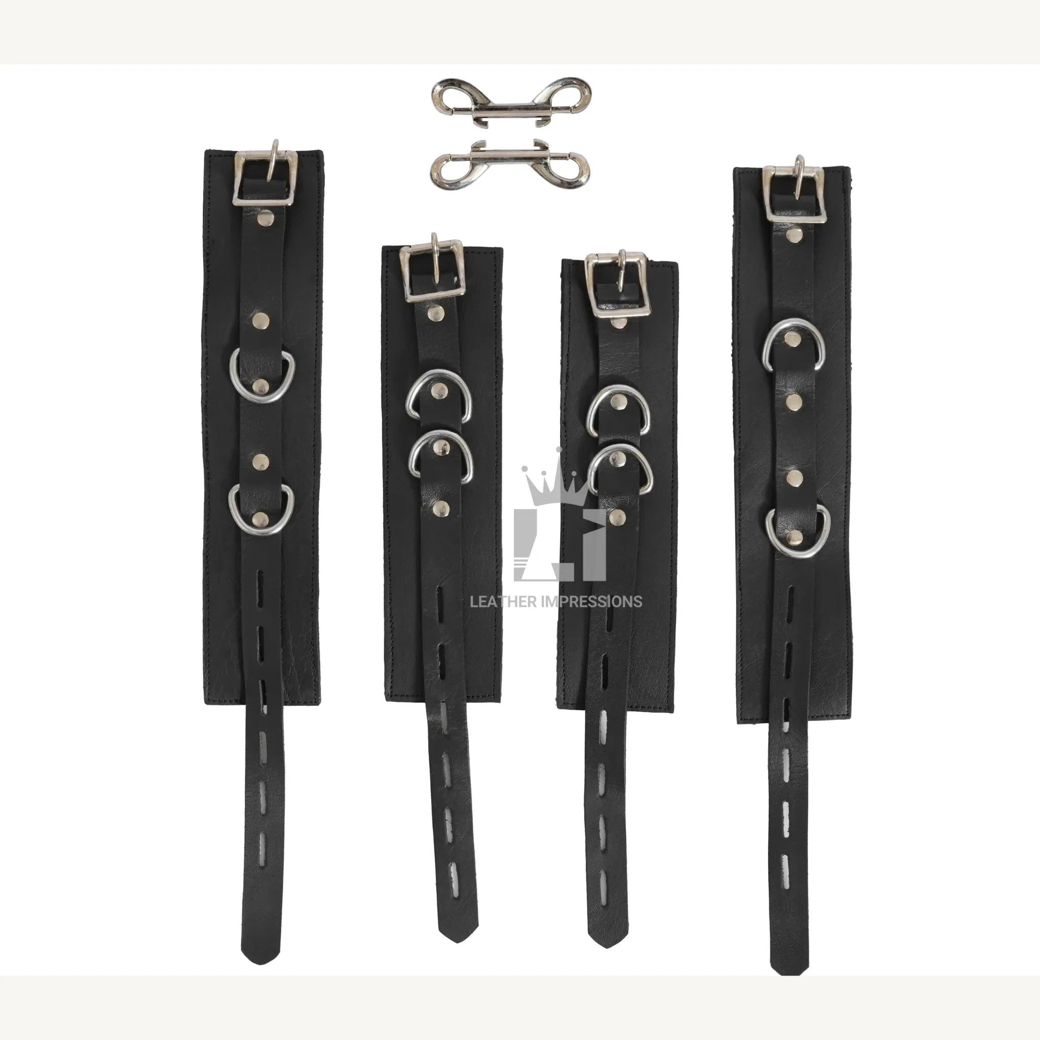 leather hogtie restraint set, 4 piece bondage cuff set, fur lined BDSM handcuffs, leather ankle and wrist cuffs with connector, full body hogtie bondage set, cowhide leather BDSM cuffs, adjustable bondage cuffs with D-rings, soft leather cuffs for restraint play
