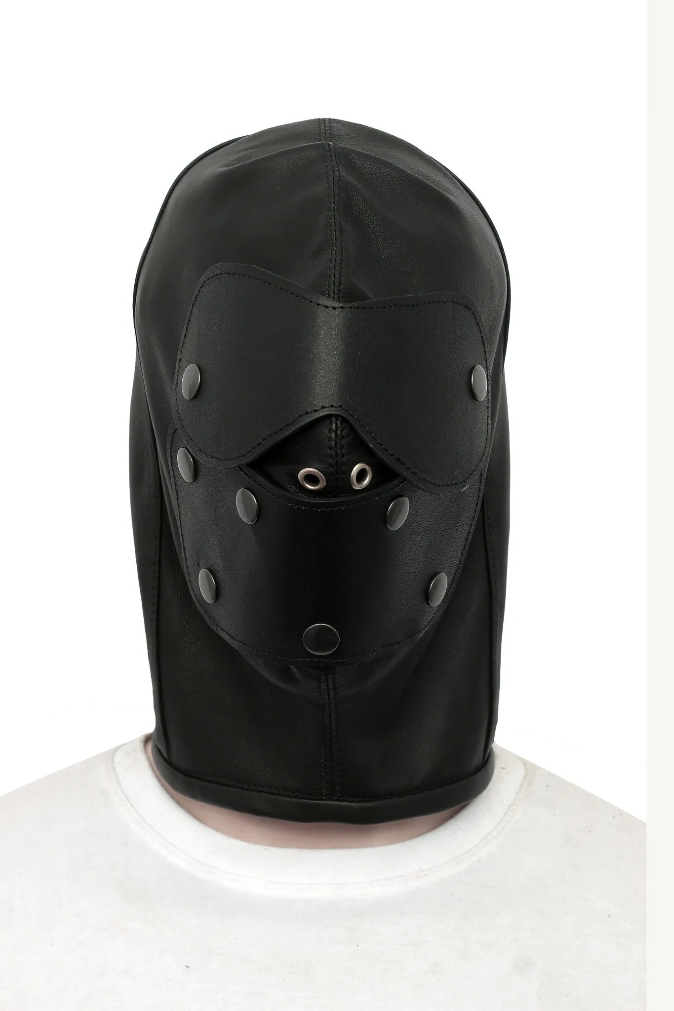 leather bondage hood with blindfold,BDSM head harness with gag and eye cover,genuine leather sensory deprivation hood,lace-up BDSM hood for restraint play