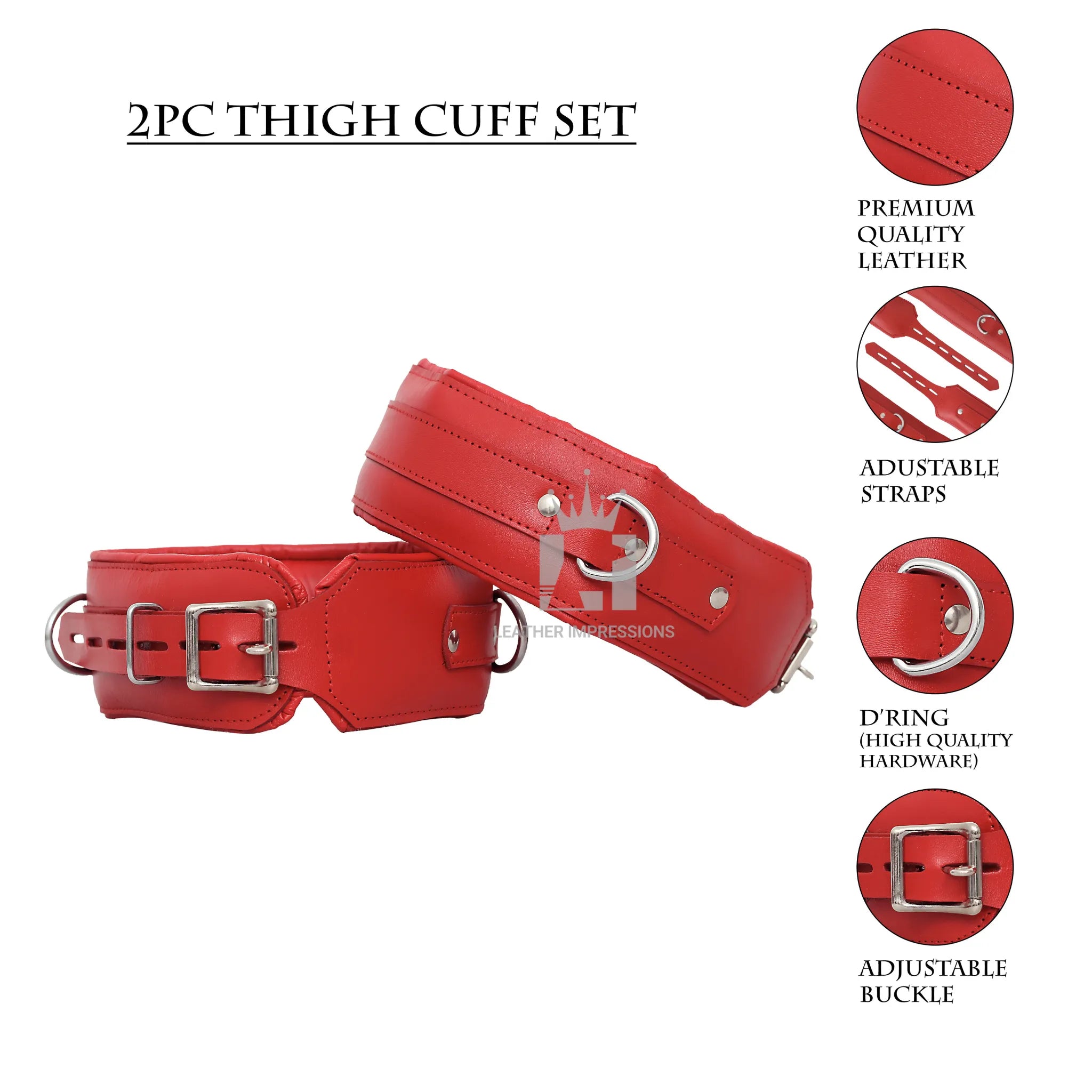 
dominion leather bondage cuffs,red padded BDSM restraints,genuine cowhide leather cuffs,premium bondage cuffs for wrists and thighs,lockable leather BDSM handcuffs,advanced padded restraint gear,full-grain leather D-ring cuffs