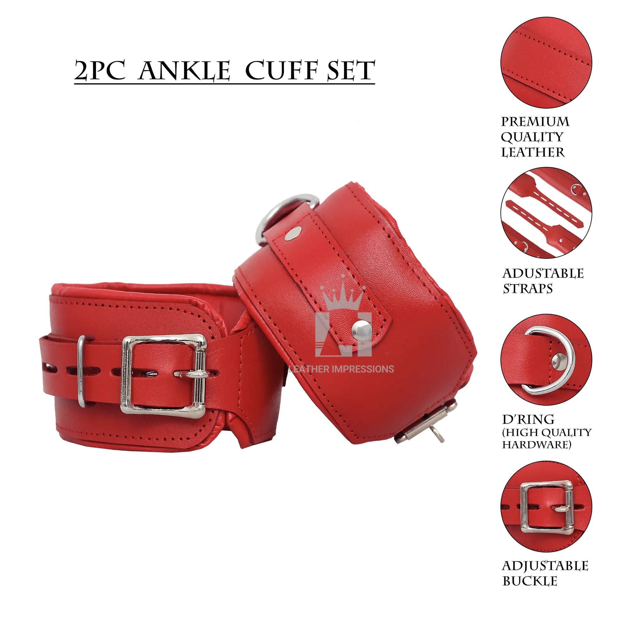 
dominion leather bondage cuffs,red padded BDSM restraints,genuine cowhide leather cuffs,premium bondage cuffs for wrists and thighs,lockable leather BDSM handcuffs,advanced padded restraint gear,full-grain leather D-ring cuffs