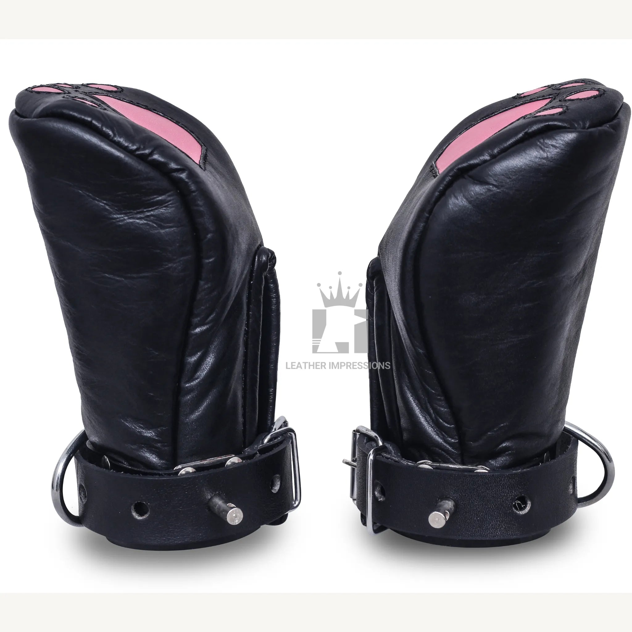 locking leather bondage mitts, BDSM pup play gloves, padded leather restraint mittens, full hand bondage mitts, leather BDSM mittens for submissives, pup training hand restraints, bondage gloves with buckle straps, heavy-duty leather kink mitts