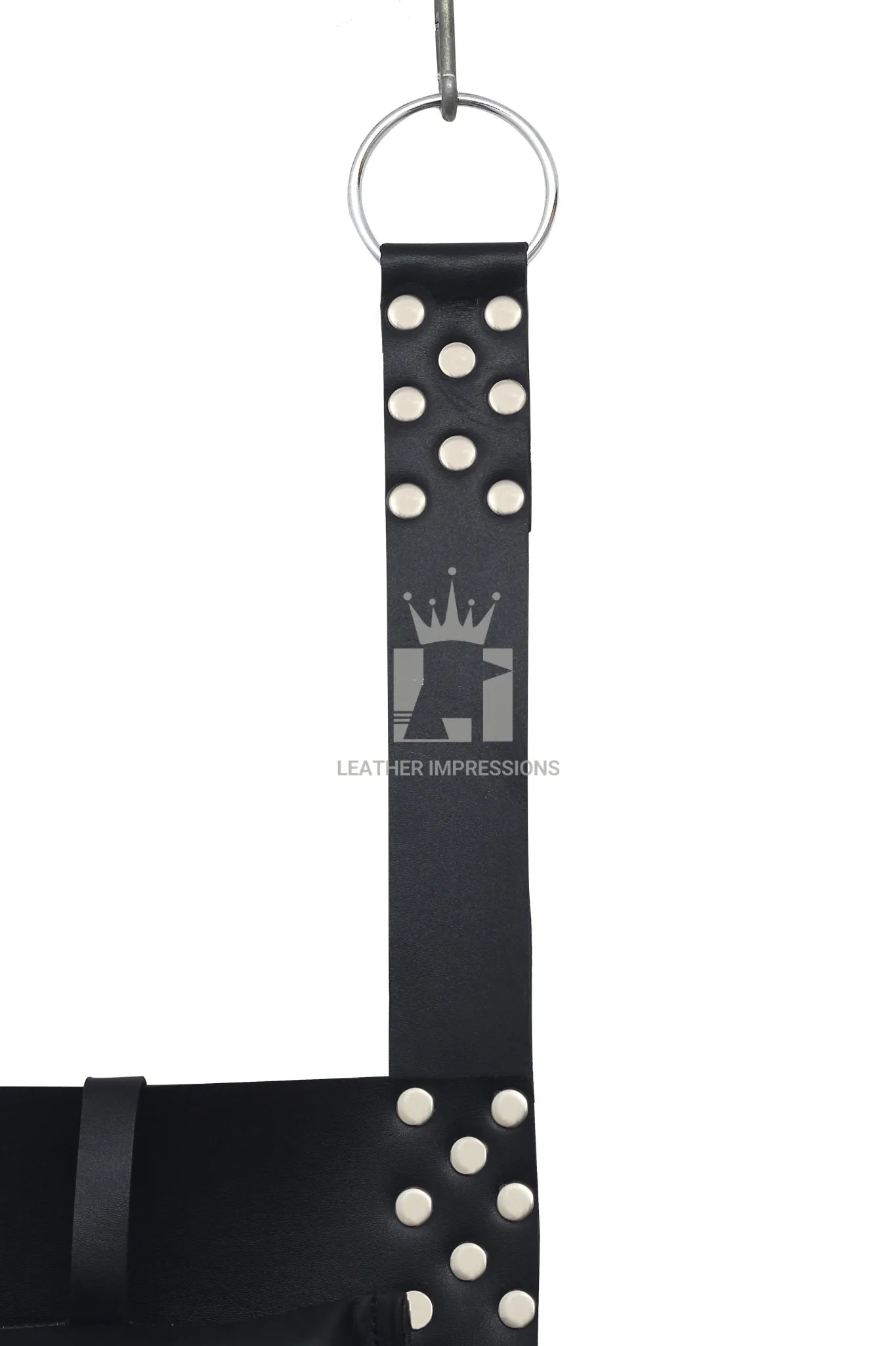 Close-up of genuine leather straps with nickel-plated rivets