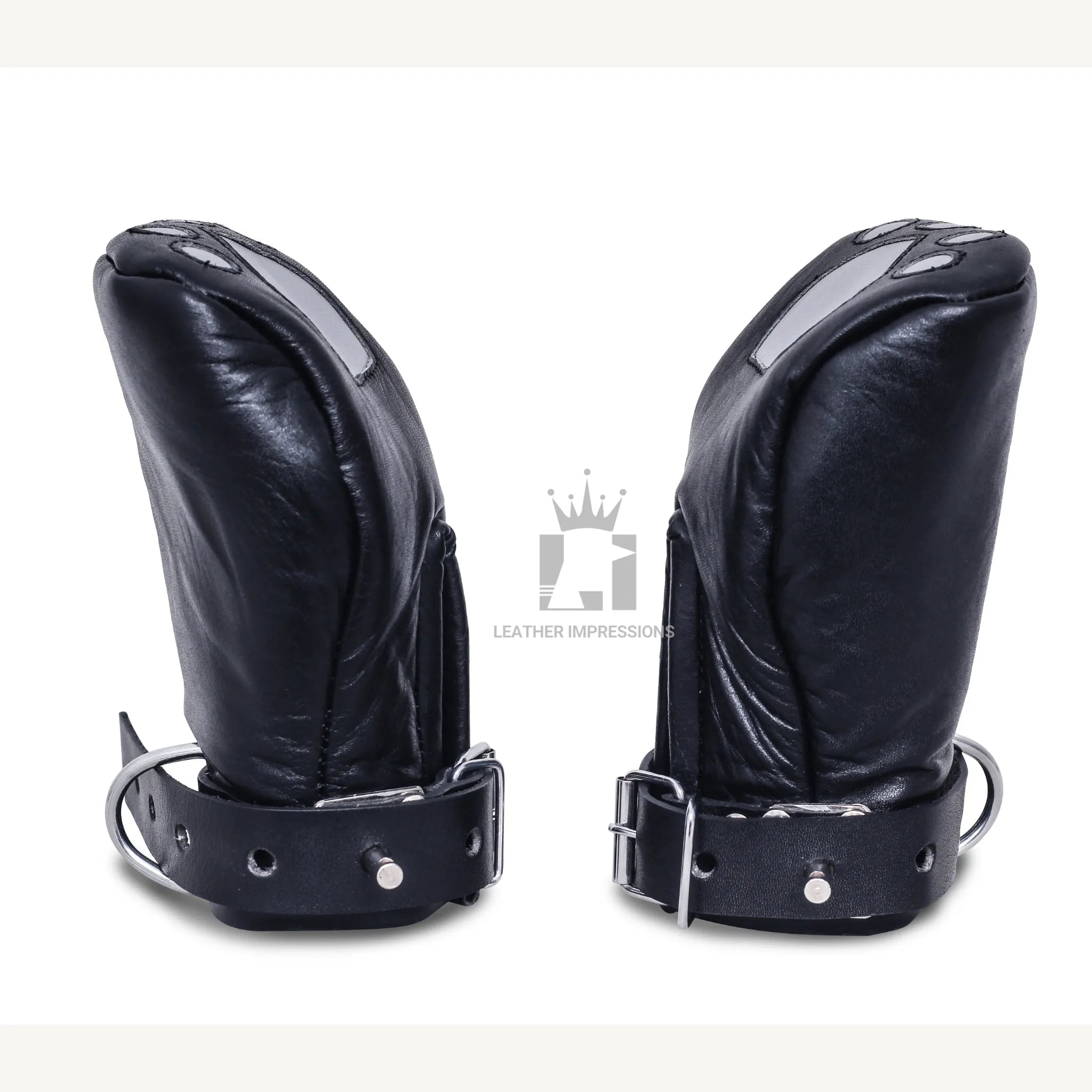 locking leather bondage mittens, padded restraint gloves for submissive, BDSM pup play gear, full hand restraint leather mitts, bondage gloves for pet training, submissive hand mittens BDSM, no-finger movement bondage gear, leather pup play accessories