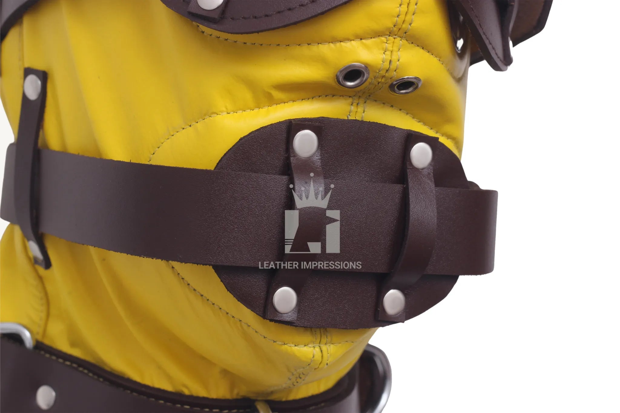 
leather bondage hood with gag,full face BDSM mask with mouth plug,adjustable leather head harness,cowhide leather BDSM hood,bondage mask with padded interior,removable mouth gag hood,top grain leather BDSM gear,sensory deprivation mask for kink play