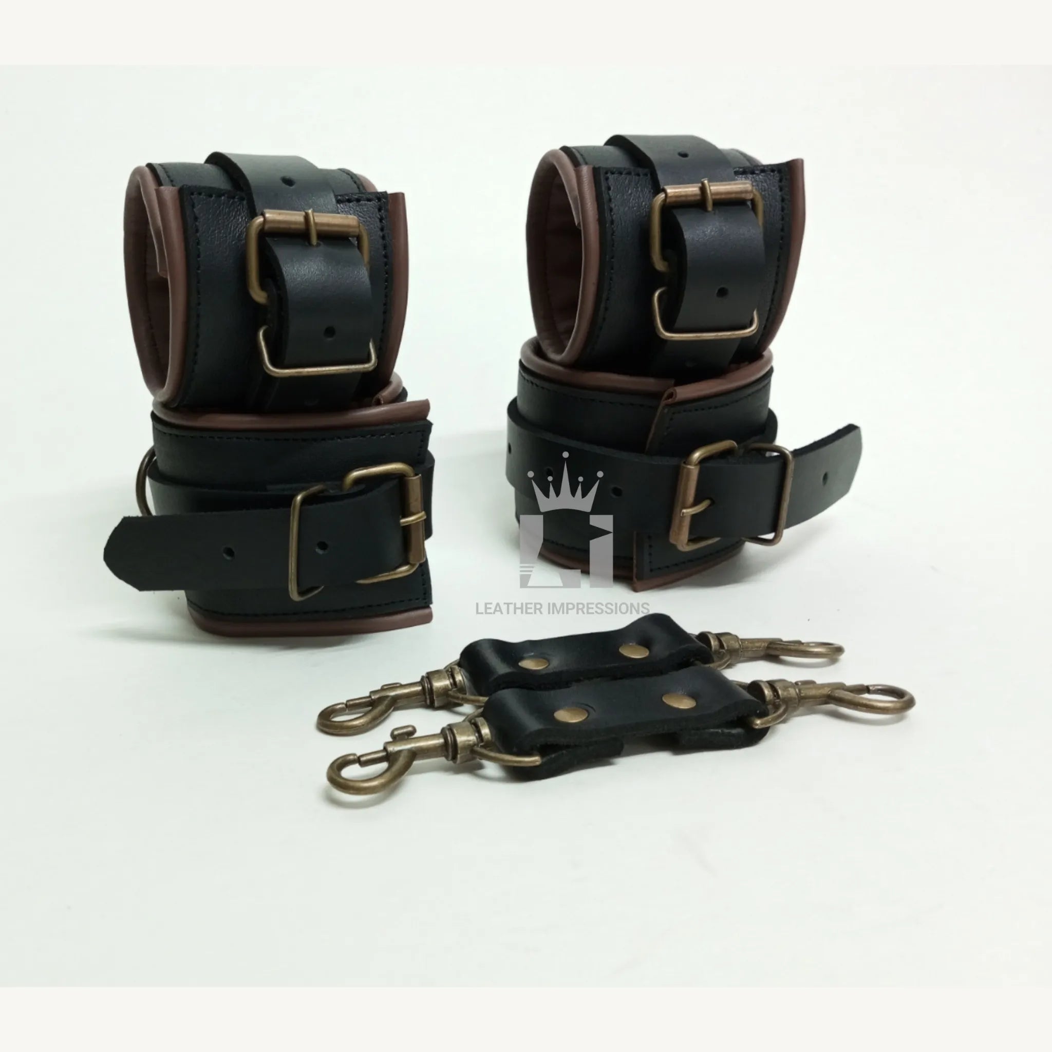 leather bondage handcuff set, genuine leather BDSM cuffs, hogtie restraint kit, wrist and ankle cuff set, cowhide bondage cuffs, full body leather restraint set, brass hardware BDSM gear, 4 piece bondage cuff set with connector