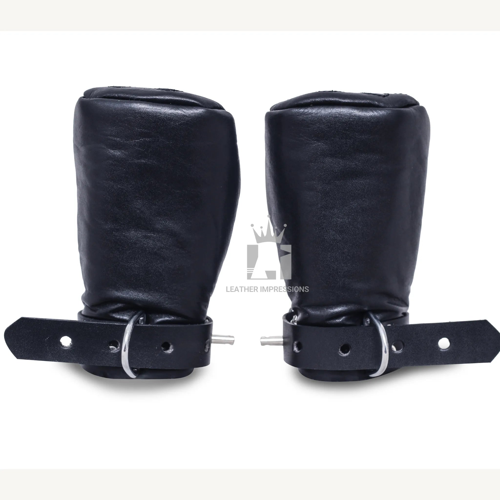 locking leather bondage mittens, padded restraint gloves for submissive, BDSM pup play gear, full hand restraint leather mitts, bondage gloves for pet training, submissive hand mittens BDSM, no-finger movement bondage gear, leather pup play accessories