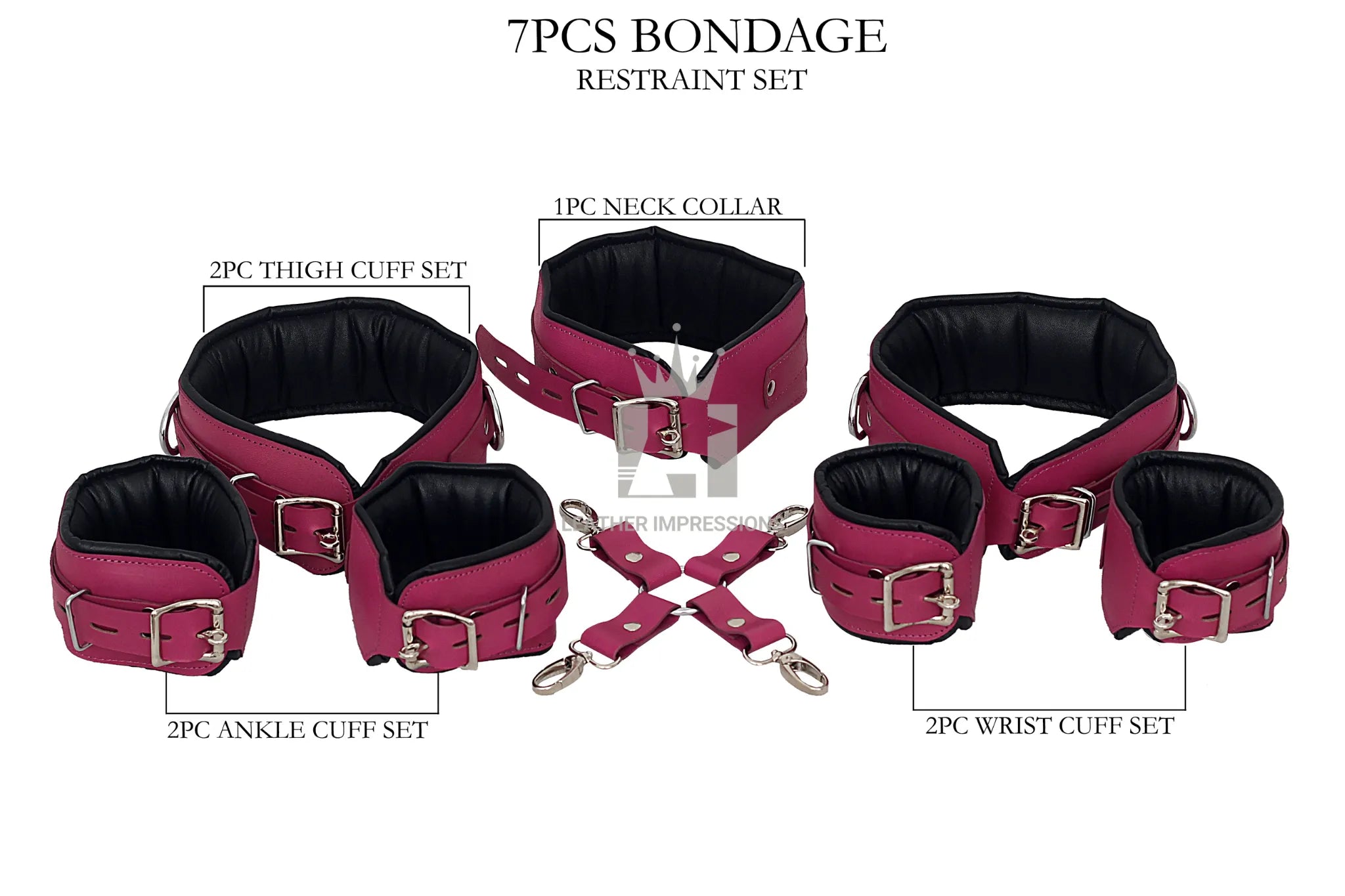 purple leather bondage set, full body leather restraints, wrist ankle thigh neck bondage gear, cowhide BDSM restraints, padded leather cuffs with D-rings, adjustable bondage cuff set, purple BDSM accessories, luxury leather bondage kit