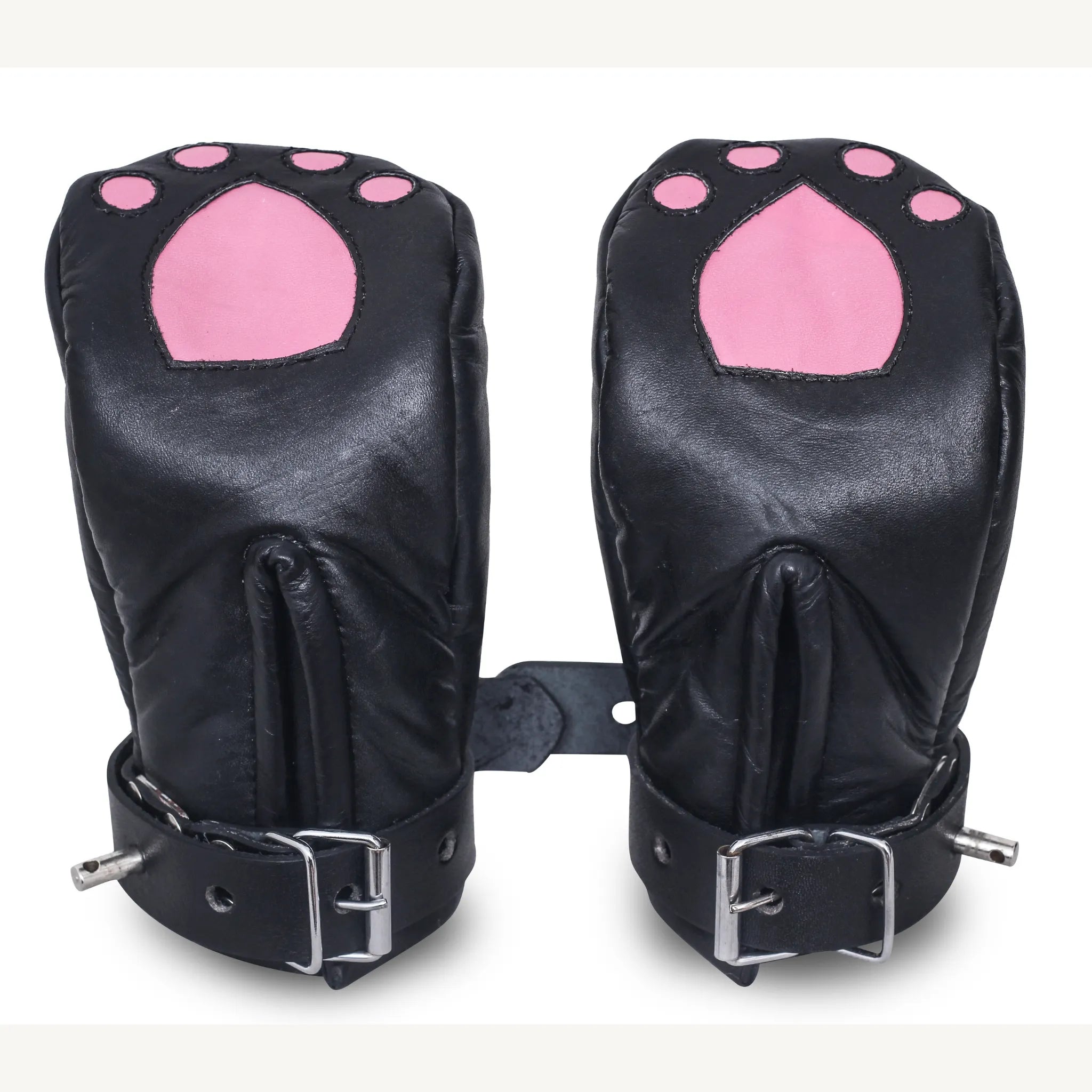 locking leather bondage mitts, BDSM pup play gloves, padded leather restraint mittens, full hand bondage mitts, leather BDSM mittens for submissives, pup training hand restraints, bondage gloves with buckle straps, heavy-duty leather kink mitts