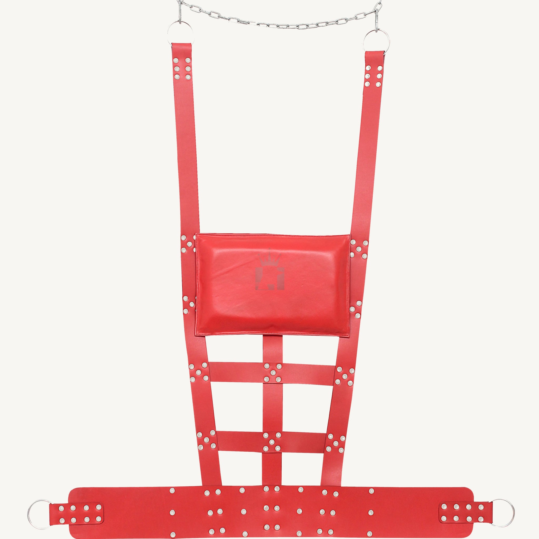 front angle view of black leather sex swing with comfort pillow, leg loops and nickel-plated reverts on it in a white background