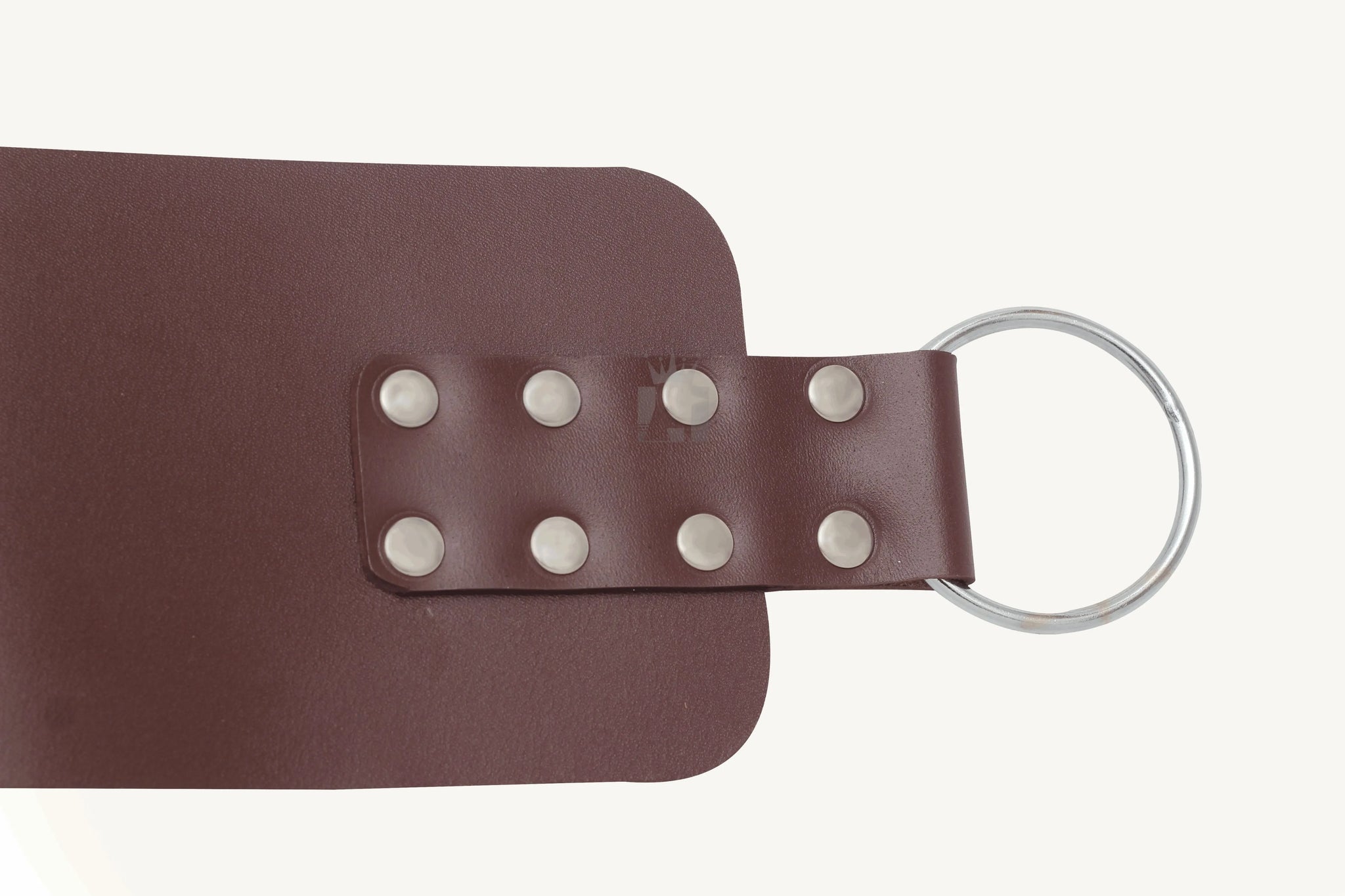 front angle view of black leather sex swing with pillow, leg loops and d'rings, nickel-plated reverts