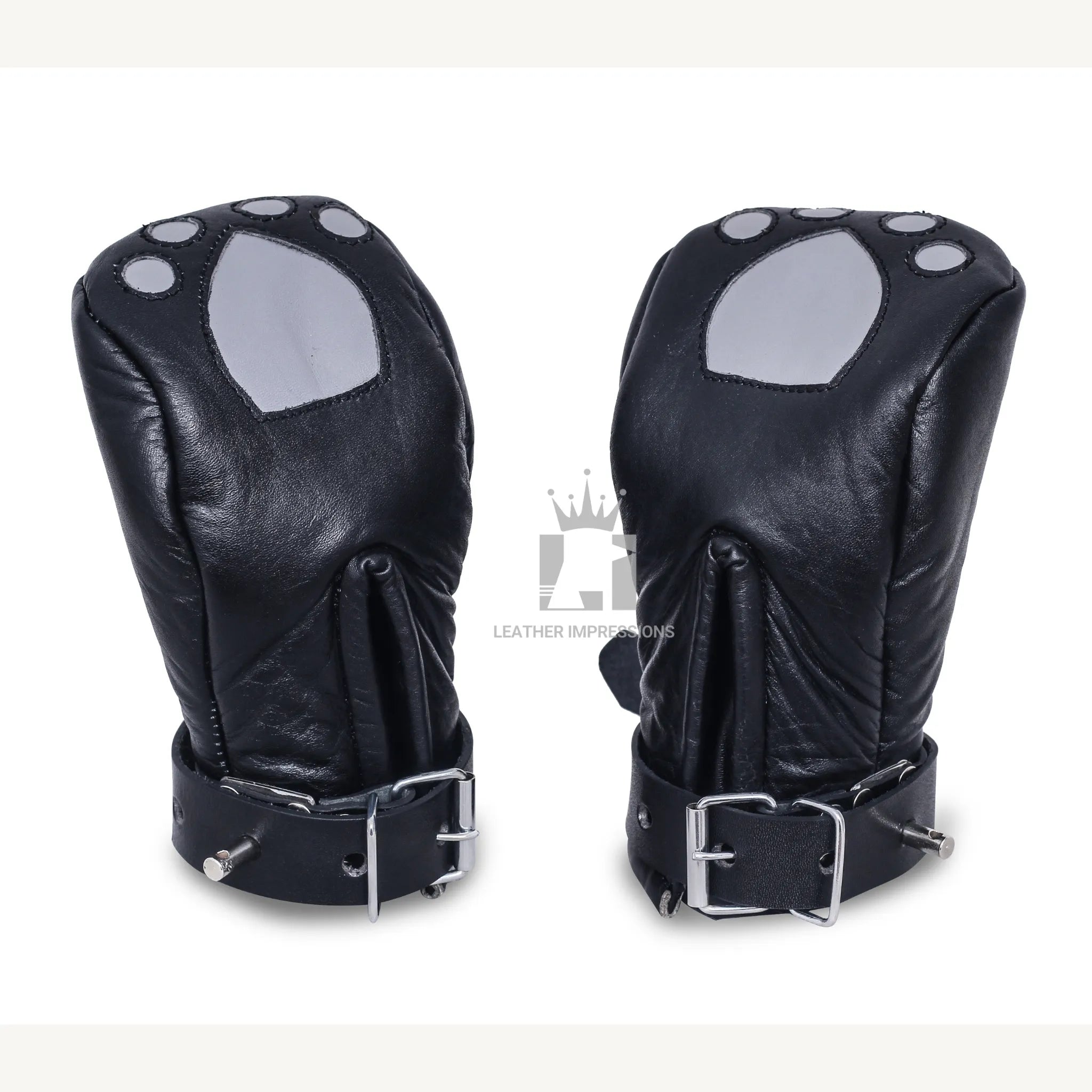 locking leather bondage mittens, padded restraint gloves for submissive, BDSM pup play gear, full hand restraint leather mitts, bondage gloves for pet training, submissive hand mittens BDSM, no-finger movement bondage gear, leather pup play accessories
