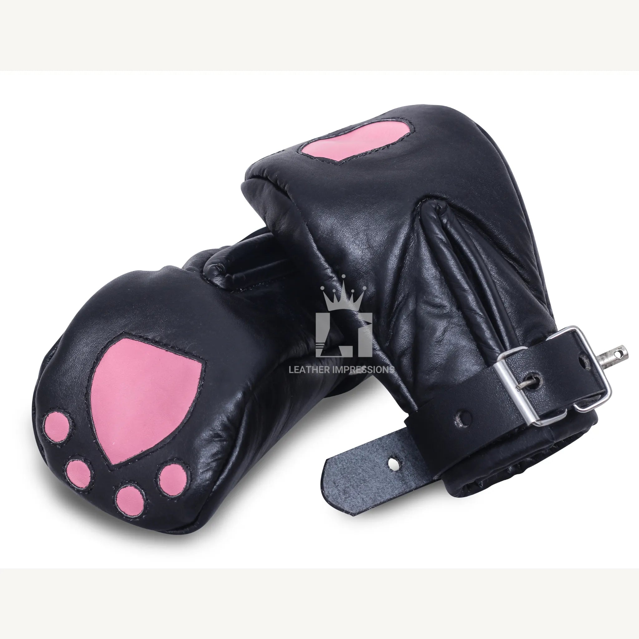 locking leather bondage mitts, BDSM pup play gloves, padded leather restraint mittens, full hand bondage mitts, leather BDSM mittens for submissives, pup training hand restraints, bondage gloves with buckle straps, heavy-duty leather kink mitts