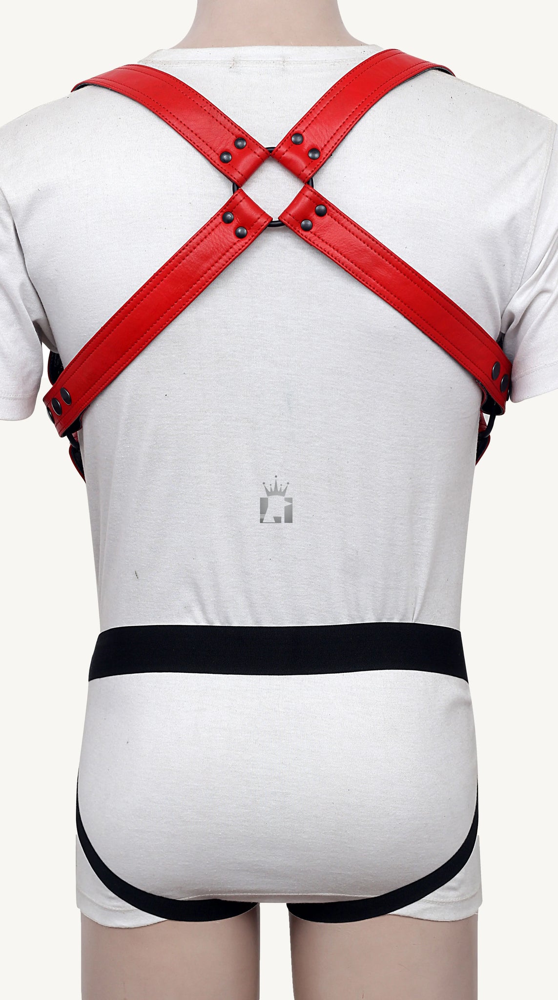 Backshot view of men wearing a red Genuine Leather Bondage Harness with Adjustable Strap with jockstraps on a light yellow background