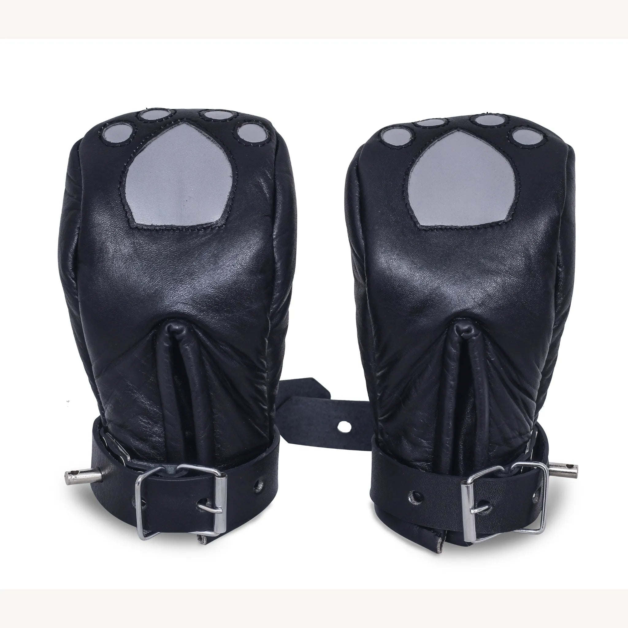 locking leather bondage mittens, padded restraint gloves for submissive, BDSM pup play gear, full hand restraint leather mitts, bondage gloves for pet training, submissive hand mittens BDSM, no-finger movement bondage gear, leather pup play accessories