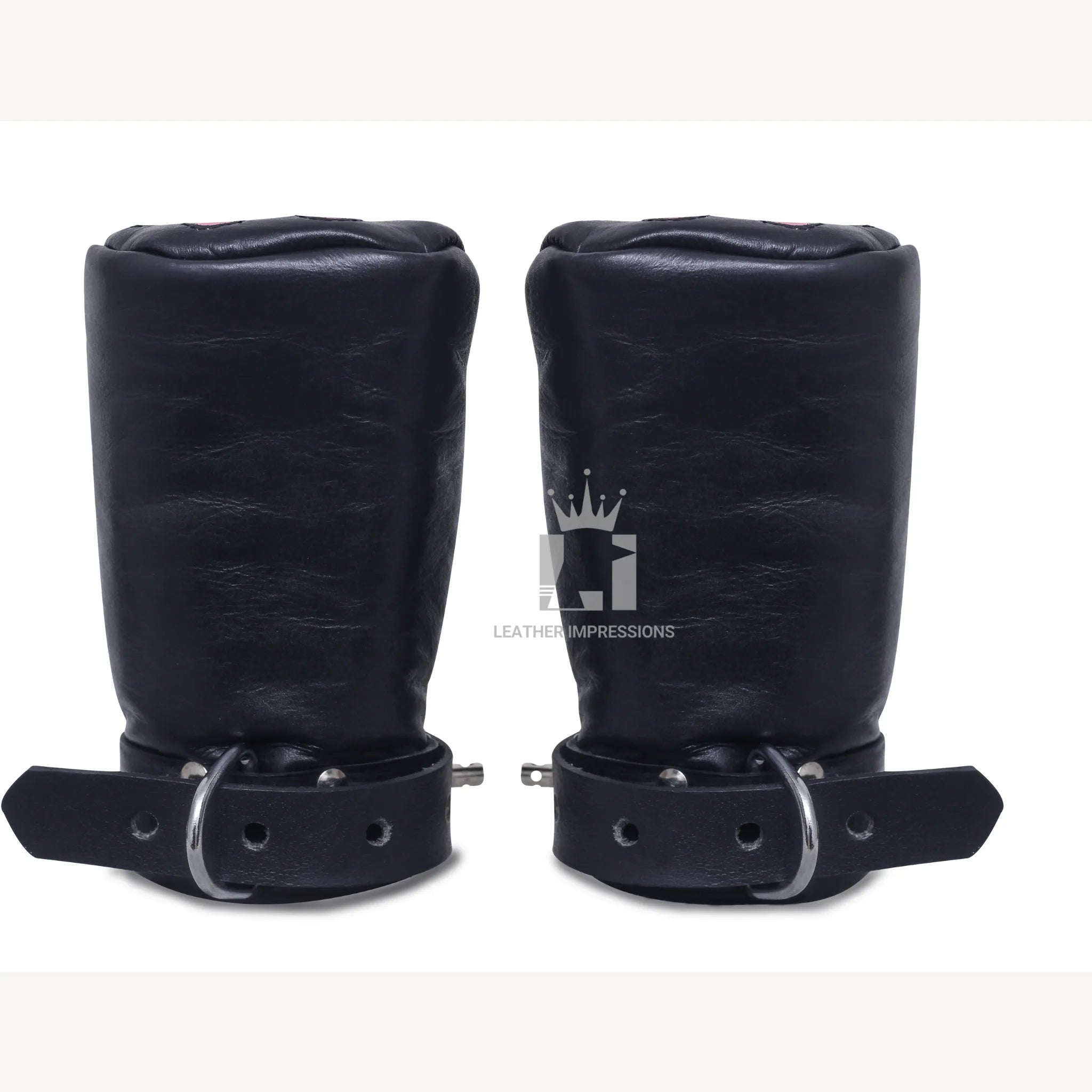 locking leather bondage mitts, BDSM pup play gloves, padded leather restraint mittens, full hand bondage mitts, leather BDSM mittens for submissives, pup training hand restraints, bondage gloves with buckle straps, heavy-duty leather kink mitts