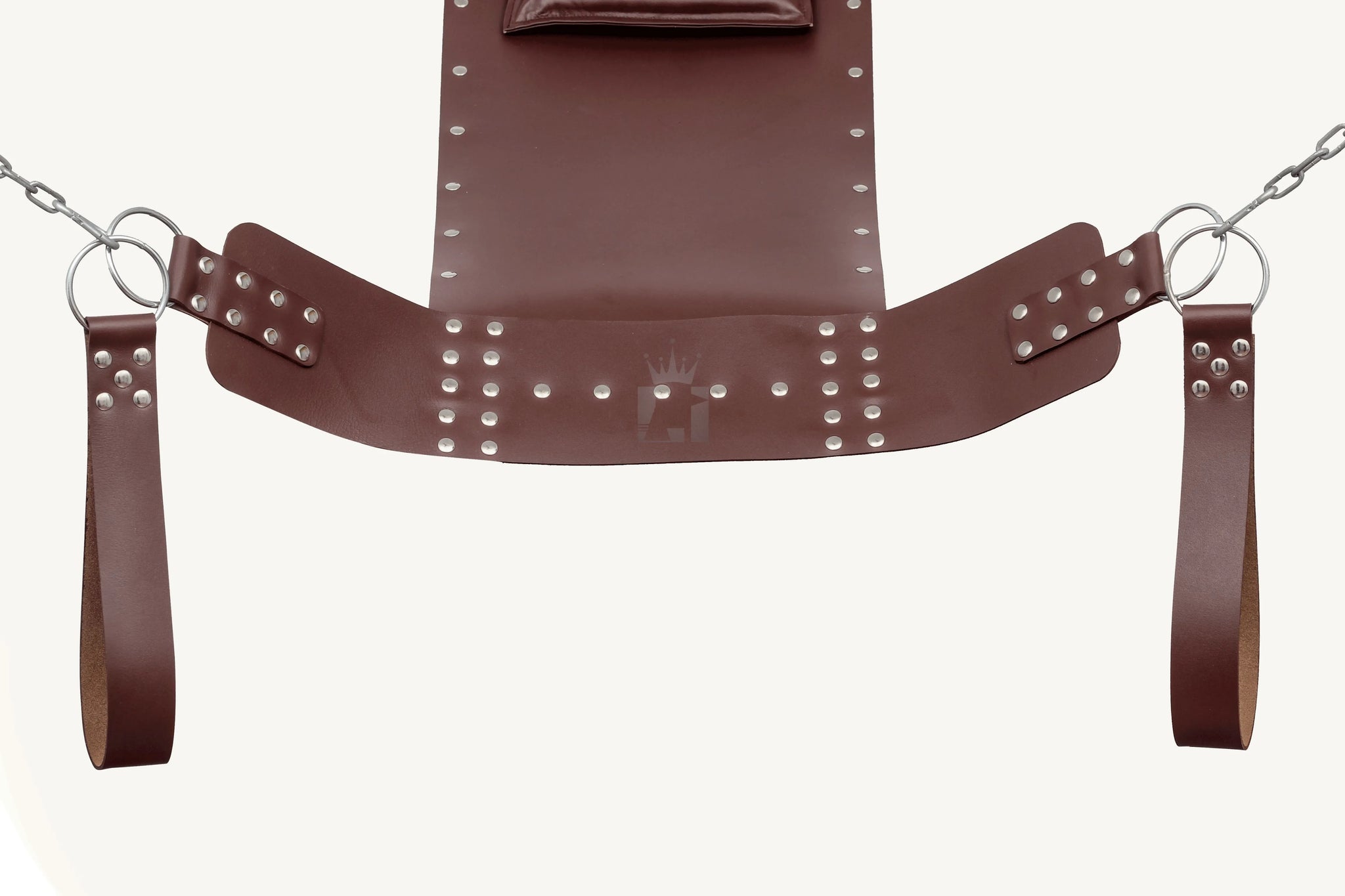 front angle view of black leather sex swing with pillow, leg loops and d'rings, nickel-plated reverts