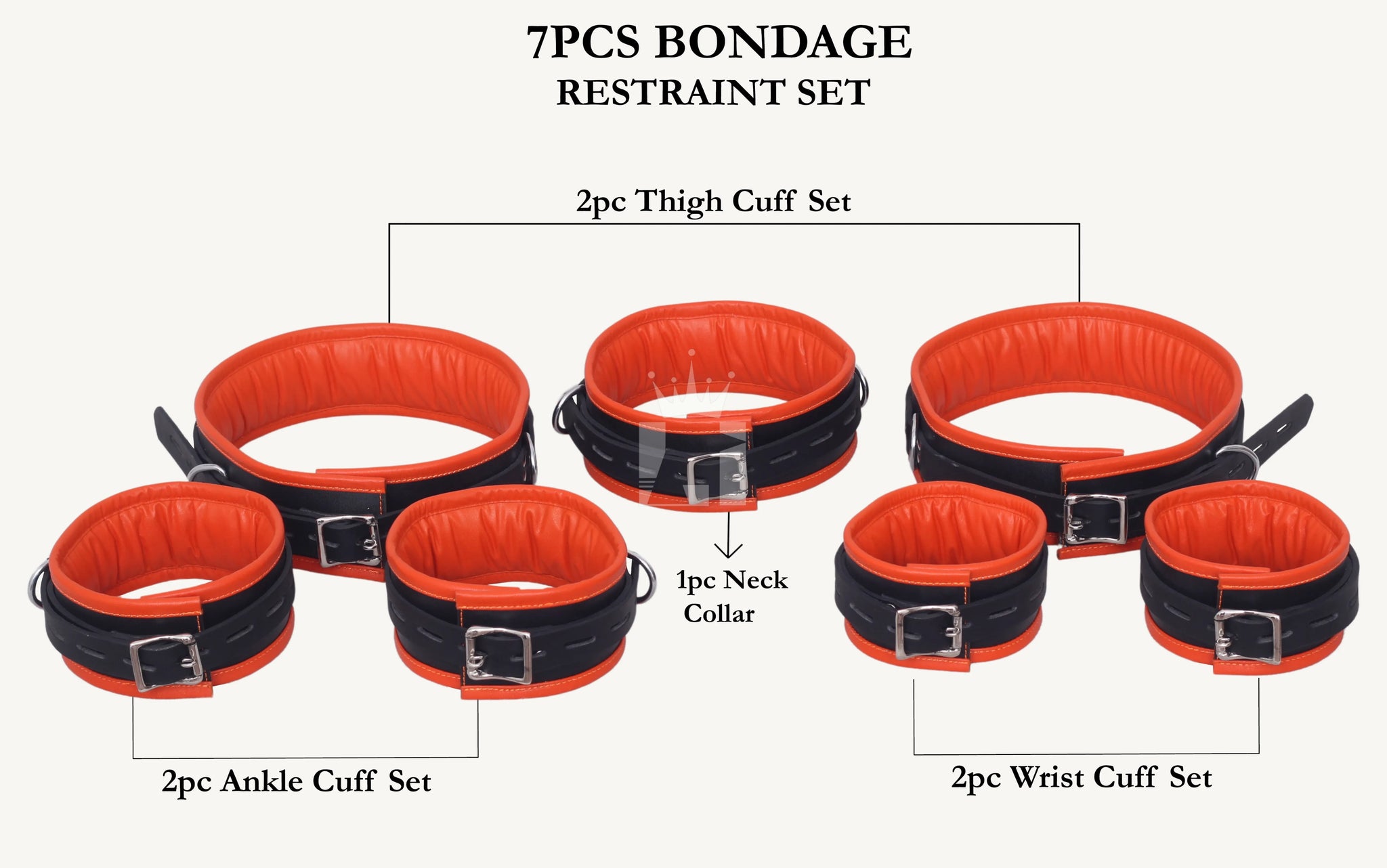 Top view of 7-piece bondage cuffs set including ankle cuffs, wrist cuffs, thigh cuffs, and neck collar arranged together